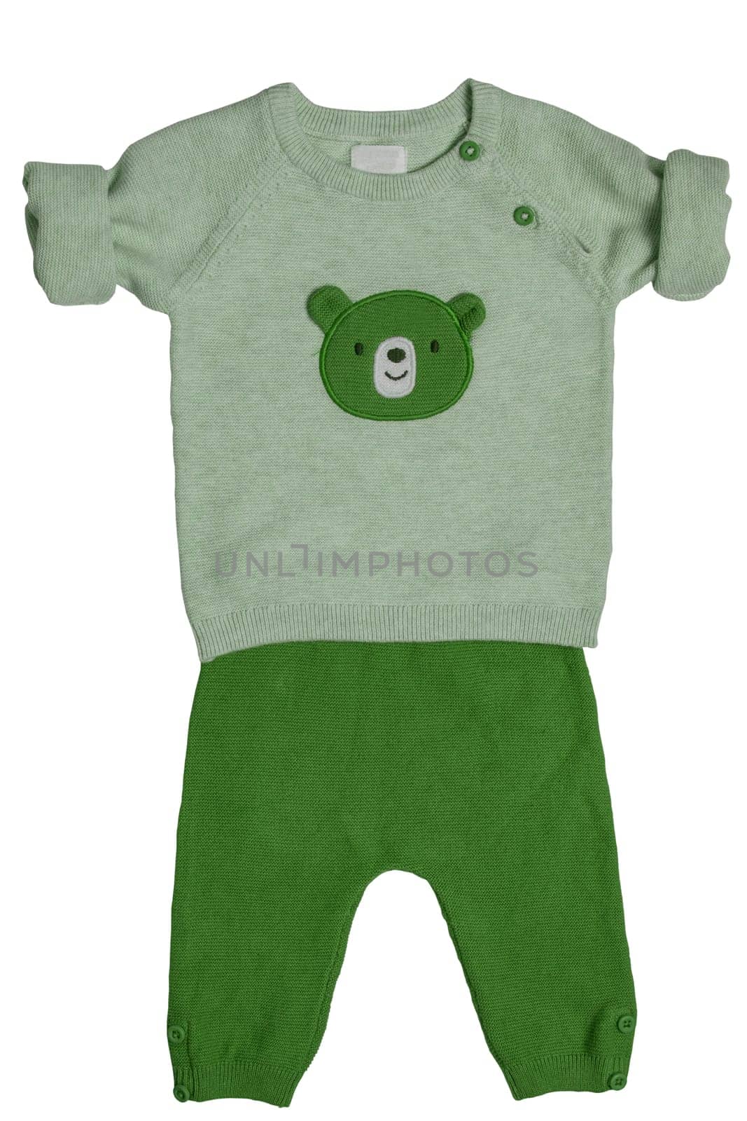 Top view of baby clothes for child boy isolated on a white background.Clipping path. Trendy fashion for newborns.