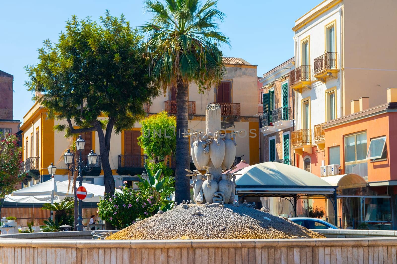 Milazzo, Sicily, Italy - 03 October 2023. The ''Fountain of Amphorae'' or fountain of Stephen Descartes in Milazzo. It is located on Via Francesco Crispi.