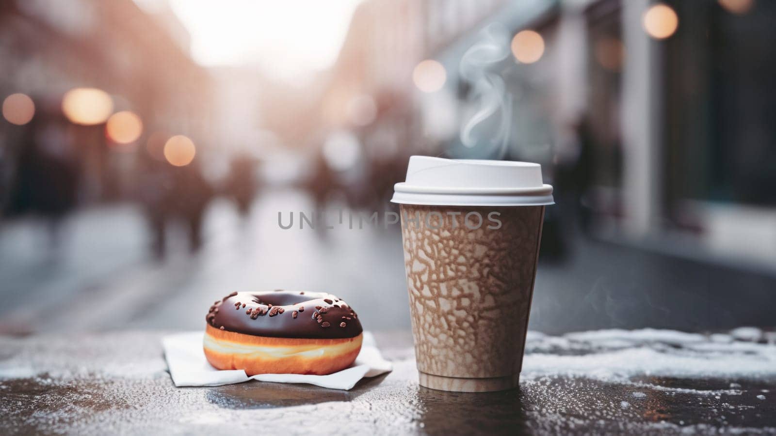 Hot coffee on the go in paper cup and donut on street table outdoors in the winter morning. Enjoying coffee while walking. Takeaway breakfast. Takeaway food