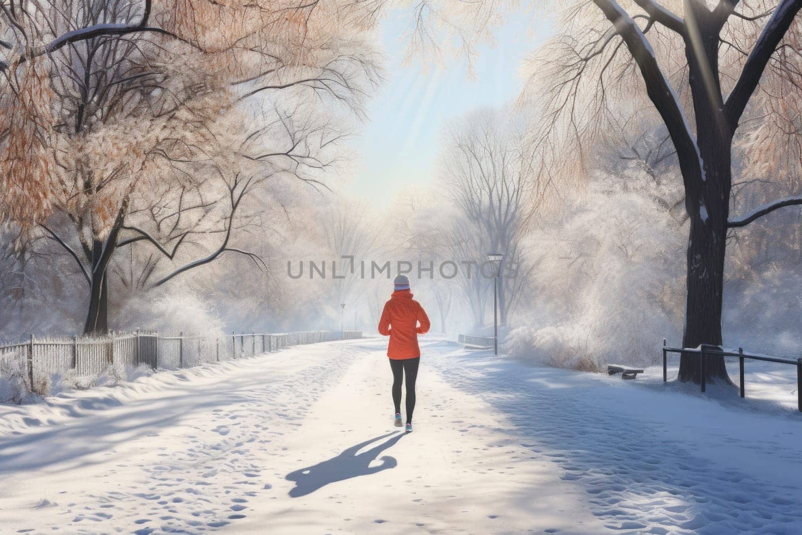 Young woman running outdoor during workout on winter day. Woman jogging in park. Active woman. Cardio training. Physical fitness. Cardio workout. Healthy lifestyle. Daily routine. Body exercises