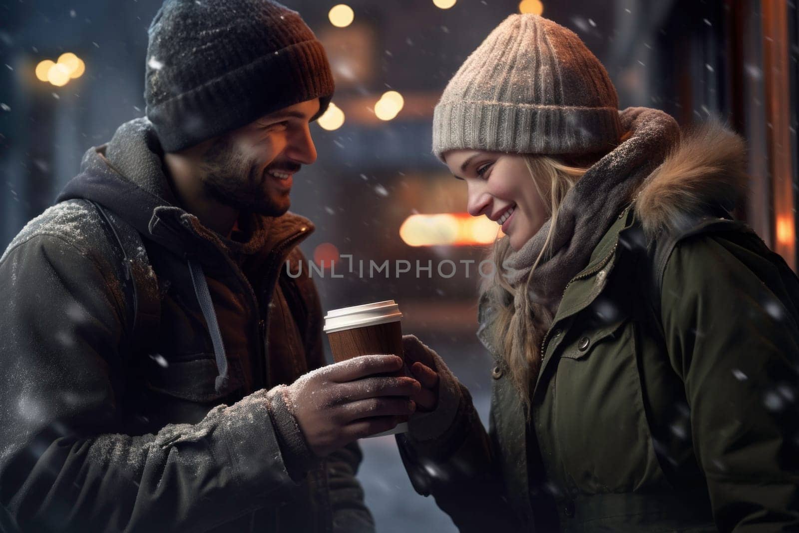 Positive couple having hot drinks on the go outdoors on winter day. Having fun, having conversation, talking together. Young people are having a walk with hot drinks. Enjoying coffee on the go. People dressed warm standing in a street downtown