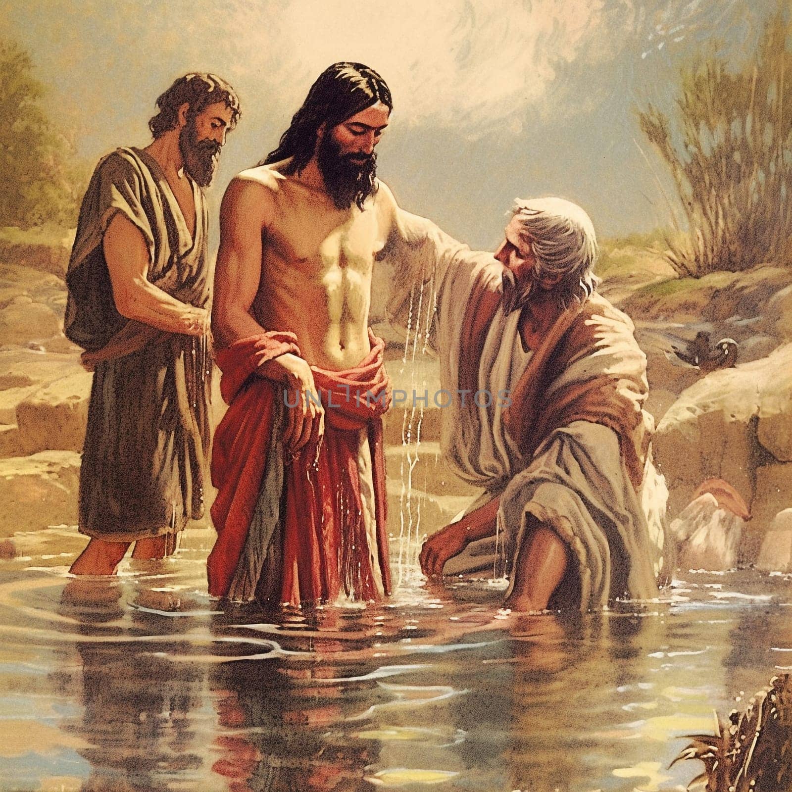 John the Baptist baptize Jesus Christ in the Jordan river in Israel, christian belief and religion, bible story