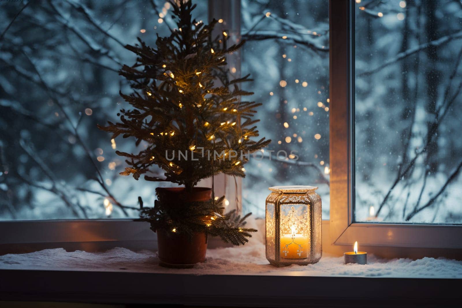 View through the window of a cottage into a snow-covered winter forest