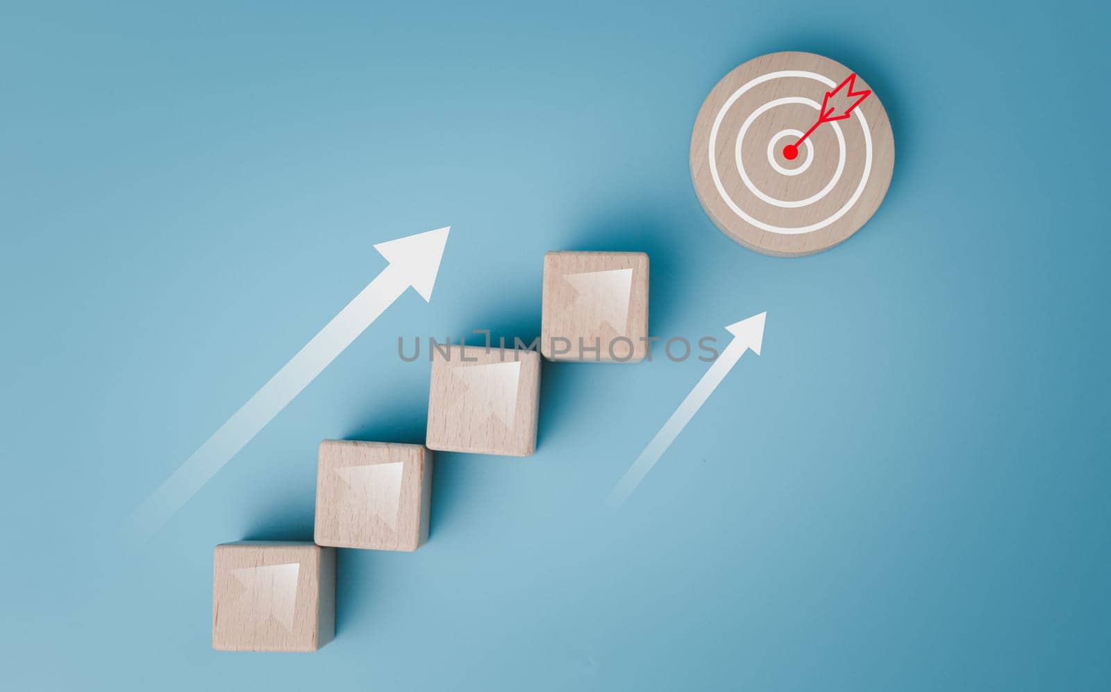 Wood cube block stacking with icon.Concept of business strategy and goal action plan.
