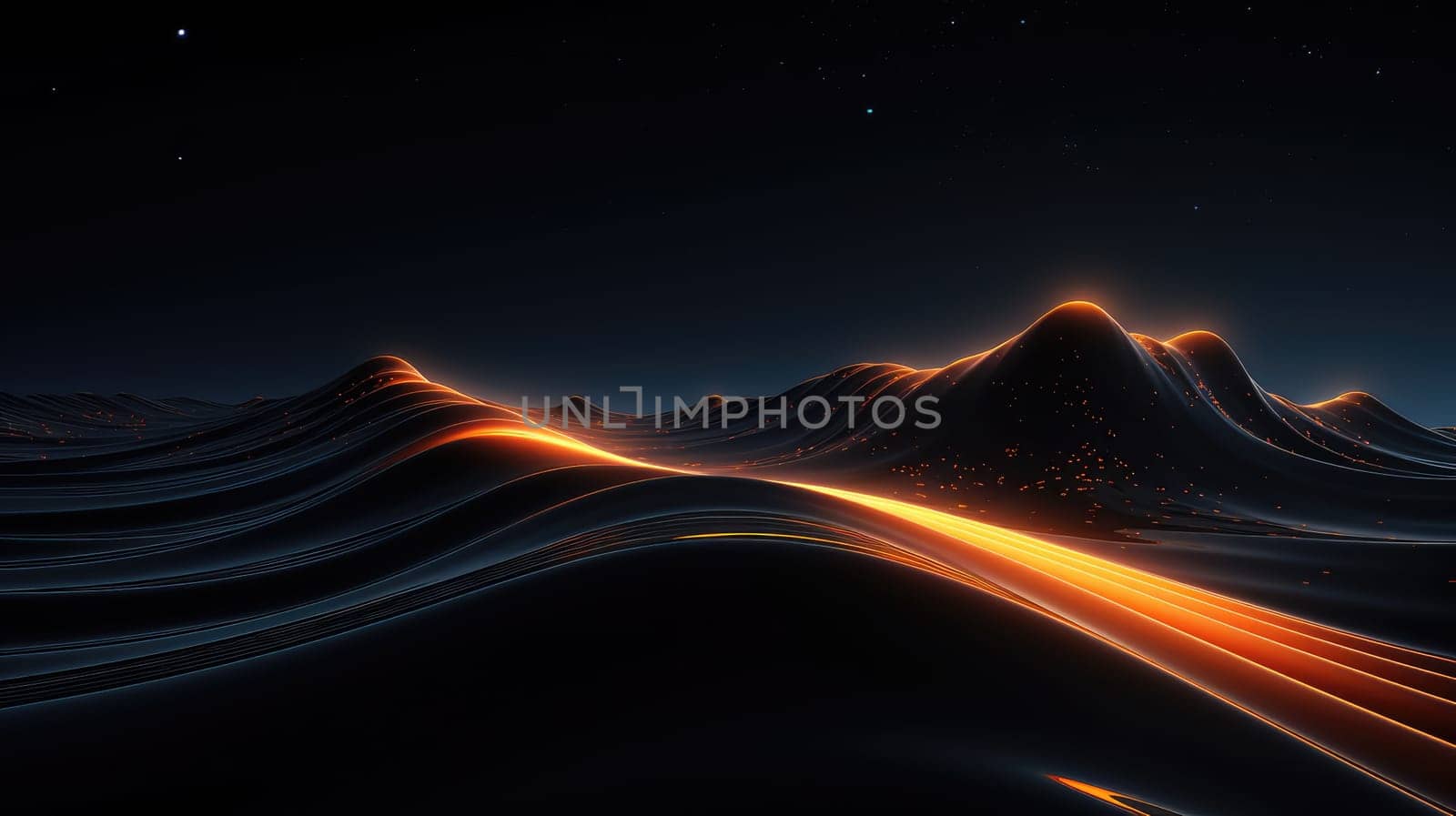Golden and black smooth liquid waves glowing abstract background. Generative AI design
