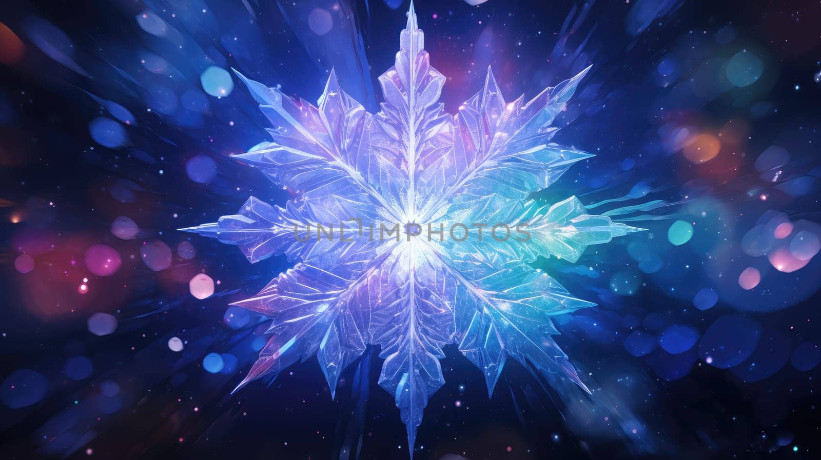 Big frozen crystal snowflake blue purple background. Generative AI design
