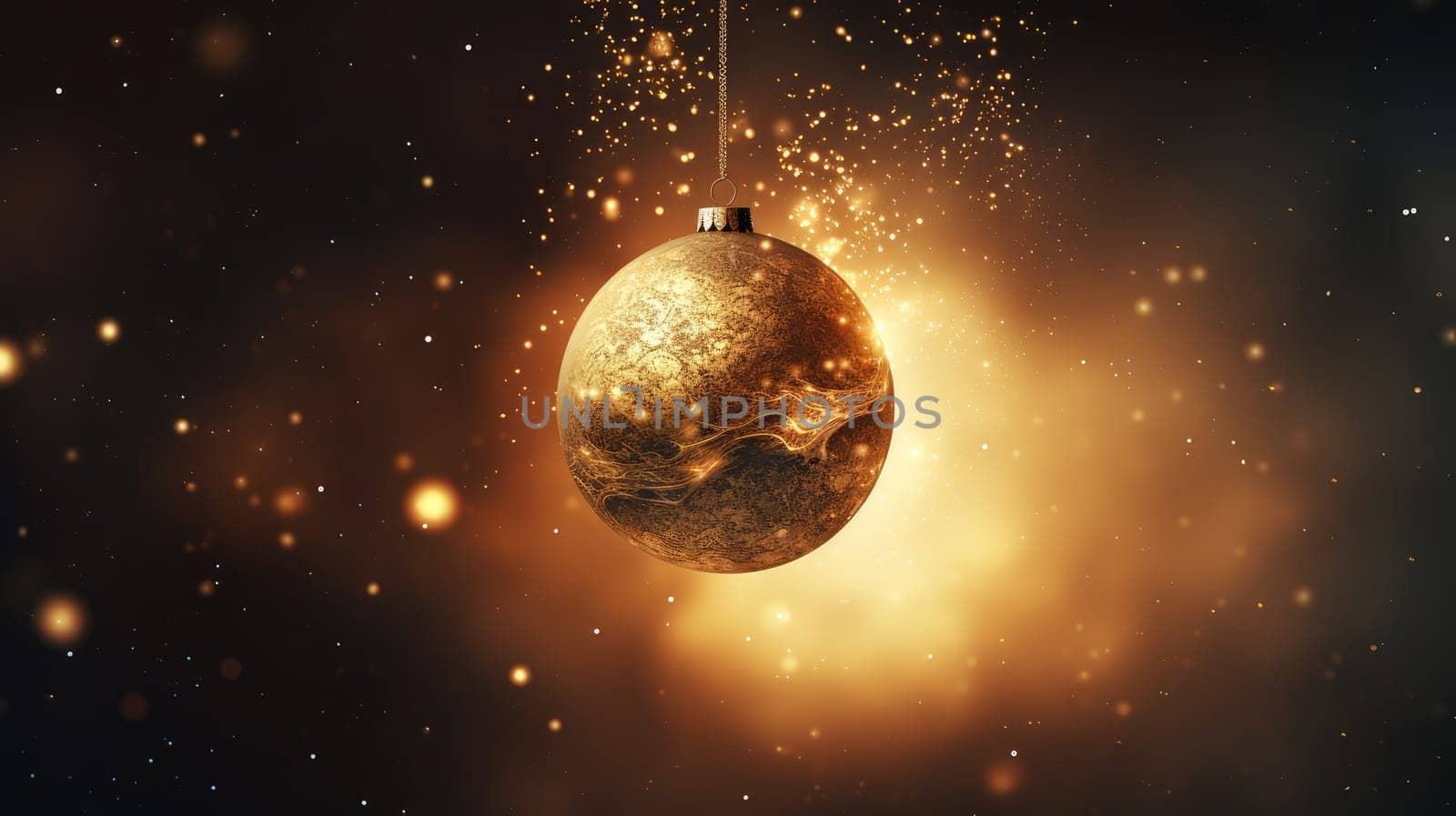 Luxury golden Christmas ball on glowing bokeh background. Generative AI design