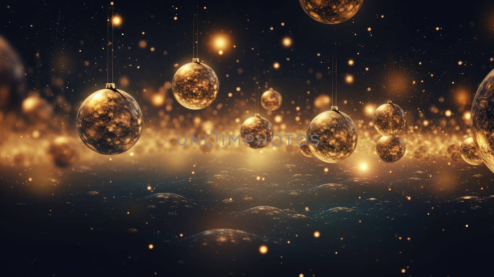 Luxury golden Christmas balls on glowing bokeh background. Generative AI design