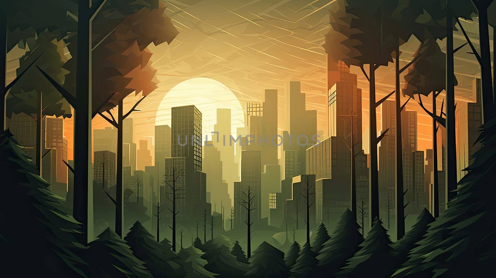 View from the green forest to the modern megapolis. Generative AI design