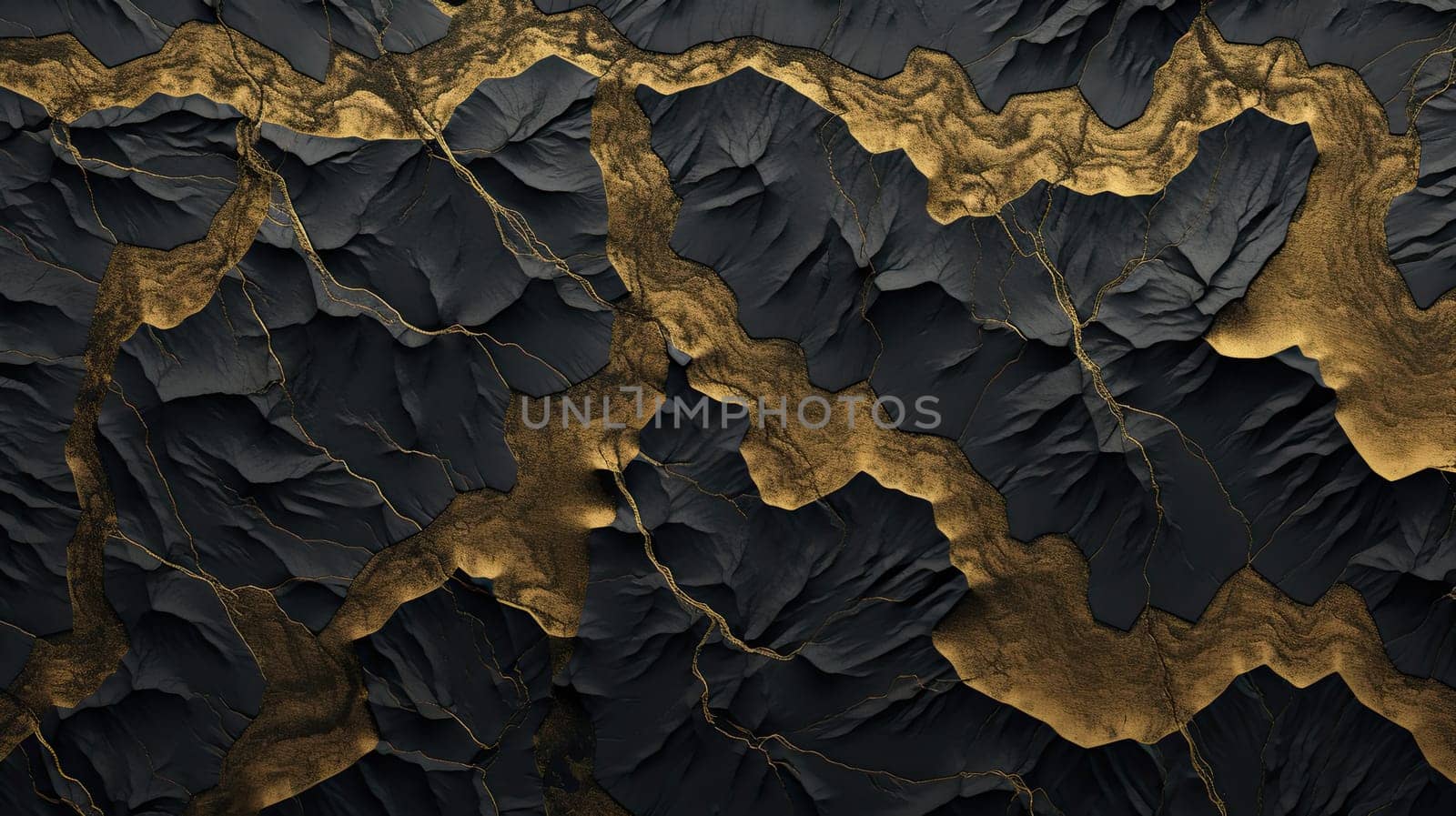 Golden black topographic relief abstract background. Generative AI design