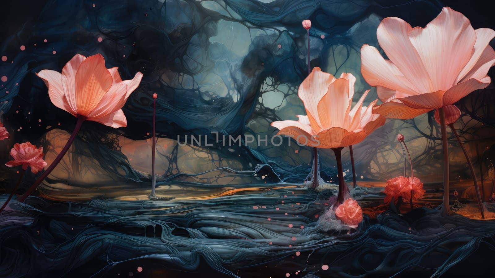 Red ink paint liquid flowers abstract background. Generative AI design