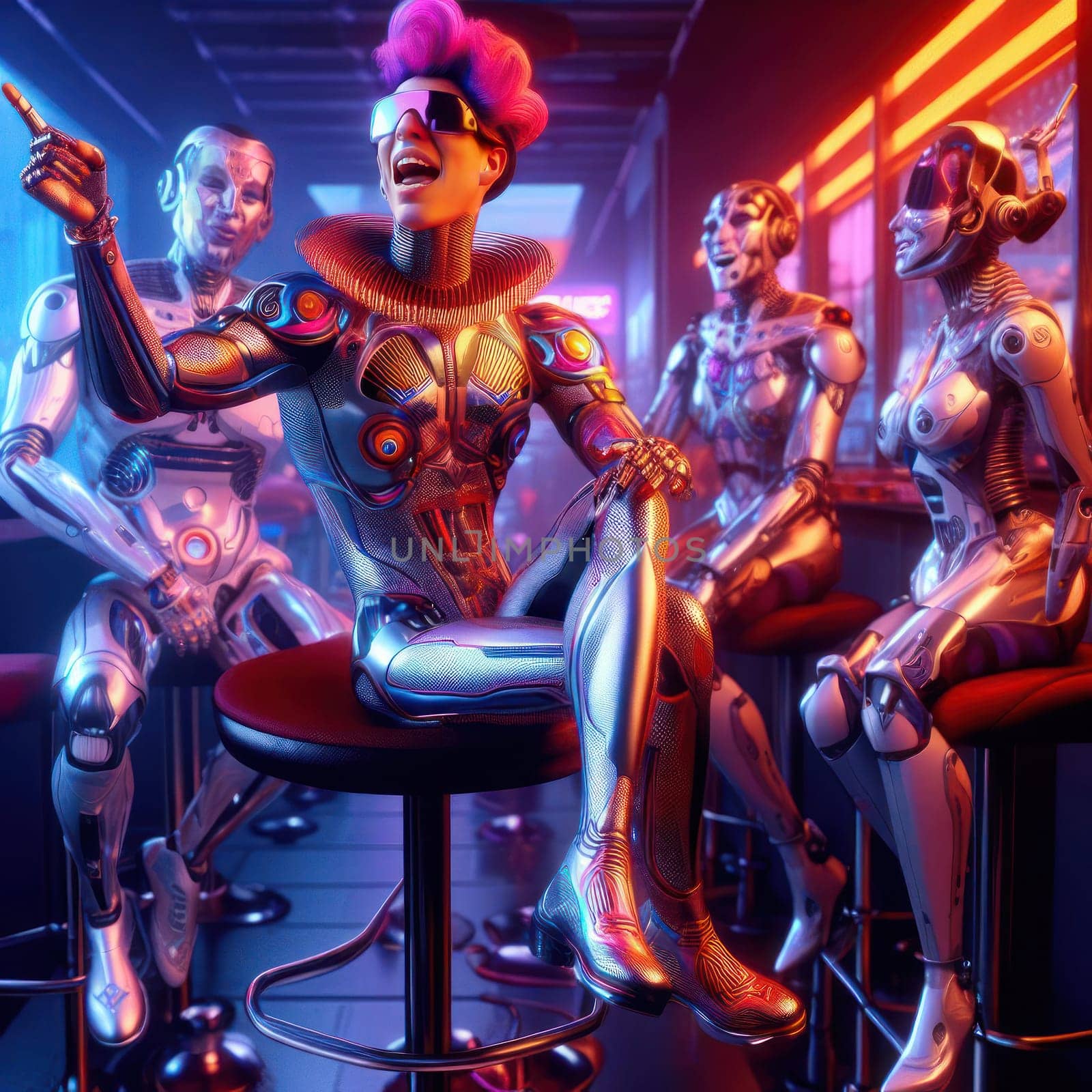 3d art of comical drunk happy flamboyant futuristic robot in a bar generative ai