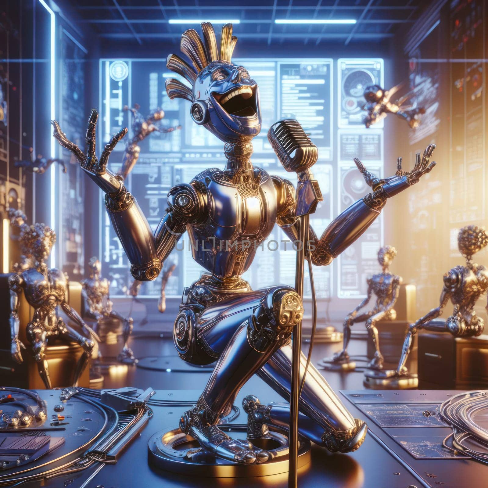 3d art of entertainer singing in microphone for futuristic robots in a bar generative ai