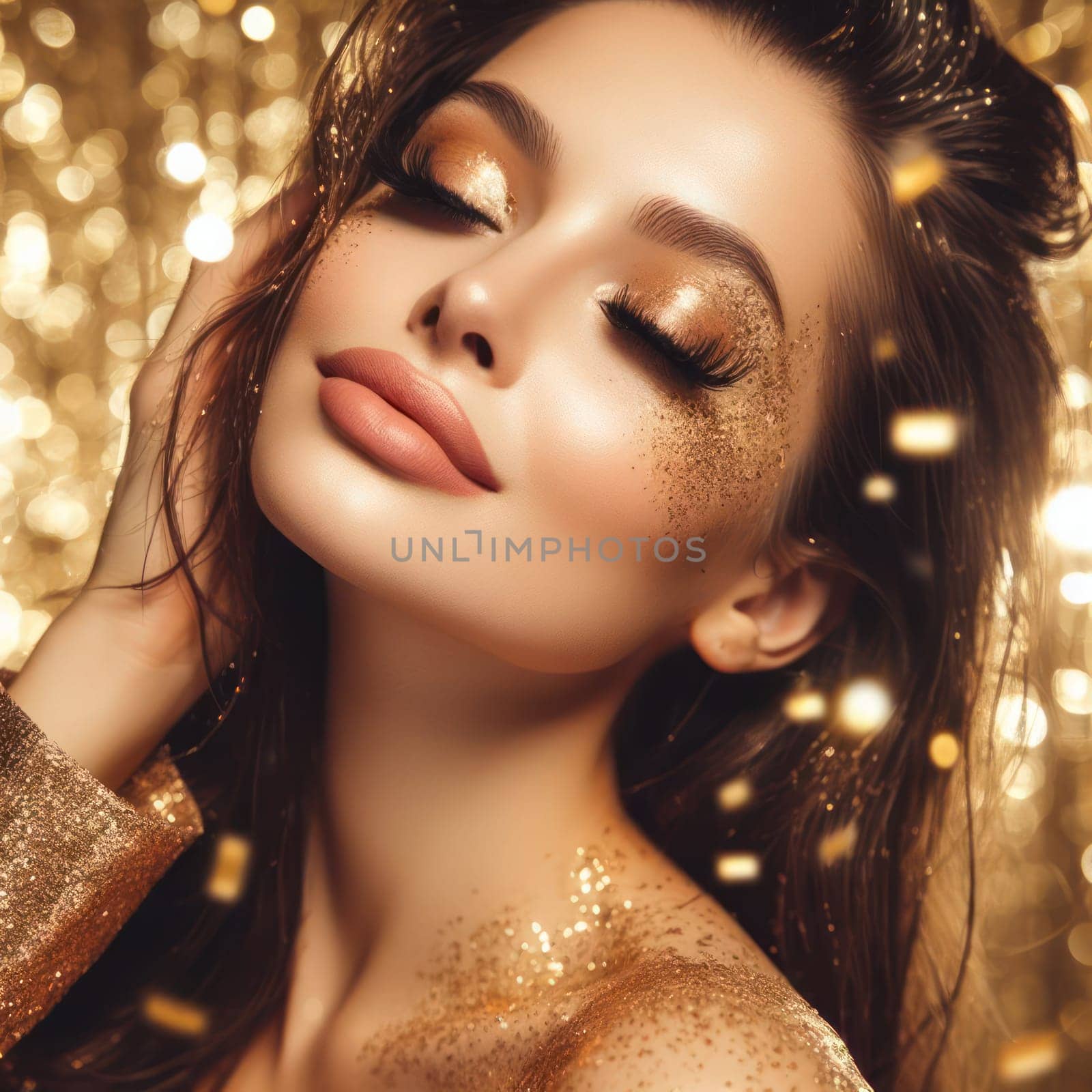 Fashion concept of a stunning and beautiful woman in blissful striking gold glitter shimmer with dynamic composition and dramatic lighting generative ai