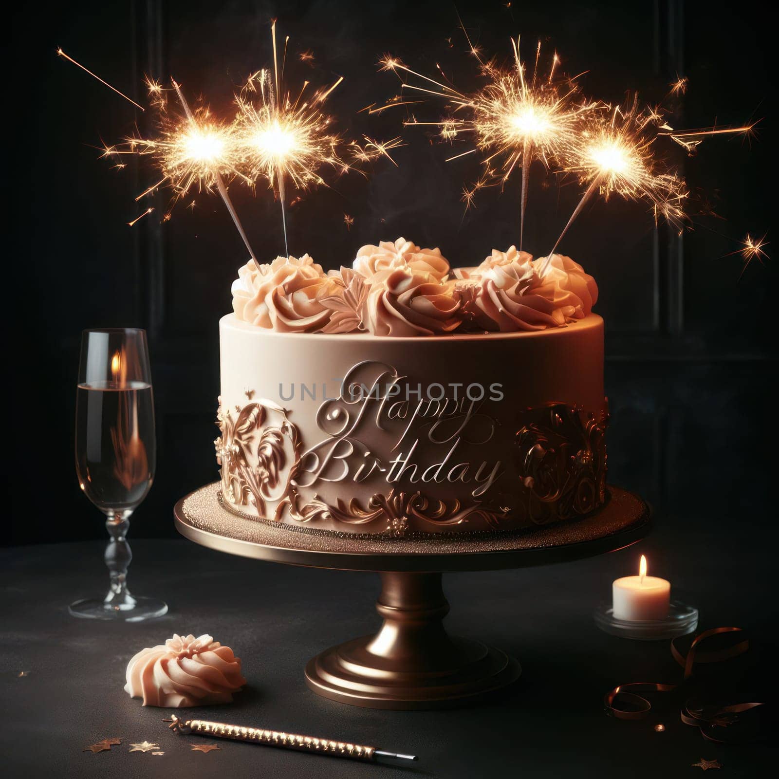 beautiful delicious and luxurious happy birthday cake with sparkler candles