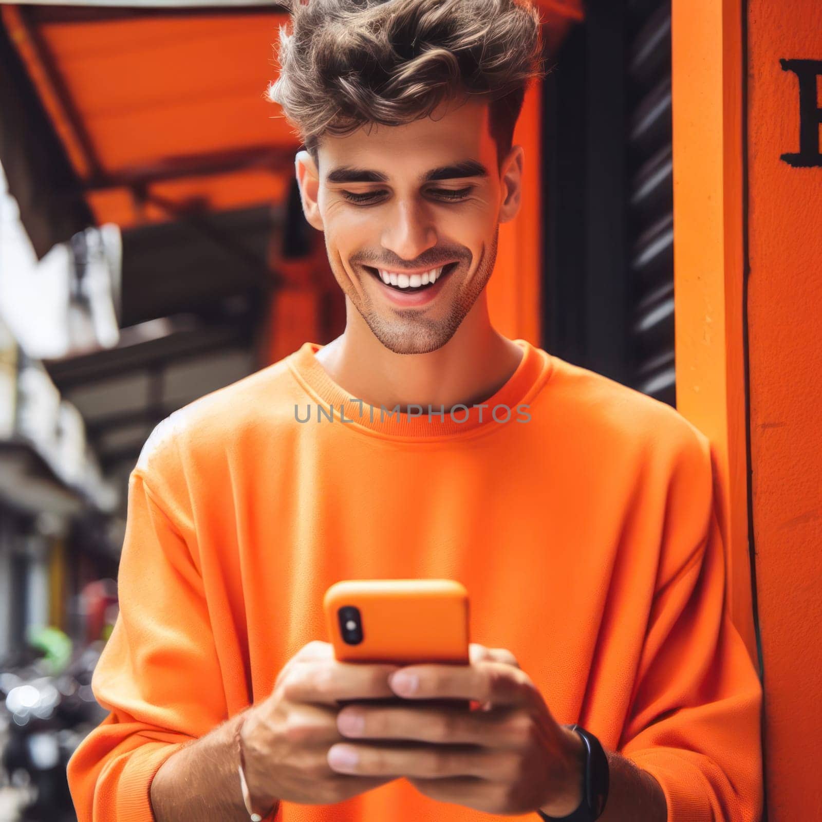 happy young attractive fashionable man wearing orange clothes  using a phone in a color coordinated street generative ai