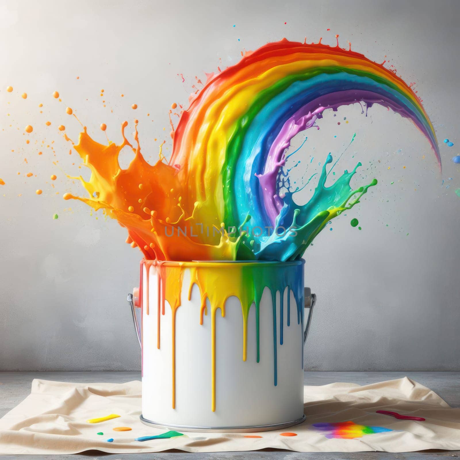 big splash of multicolored rainbow paint coming out of the can onto the wall generative ai