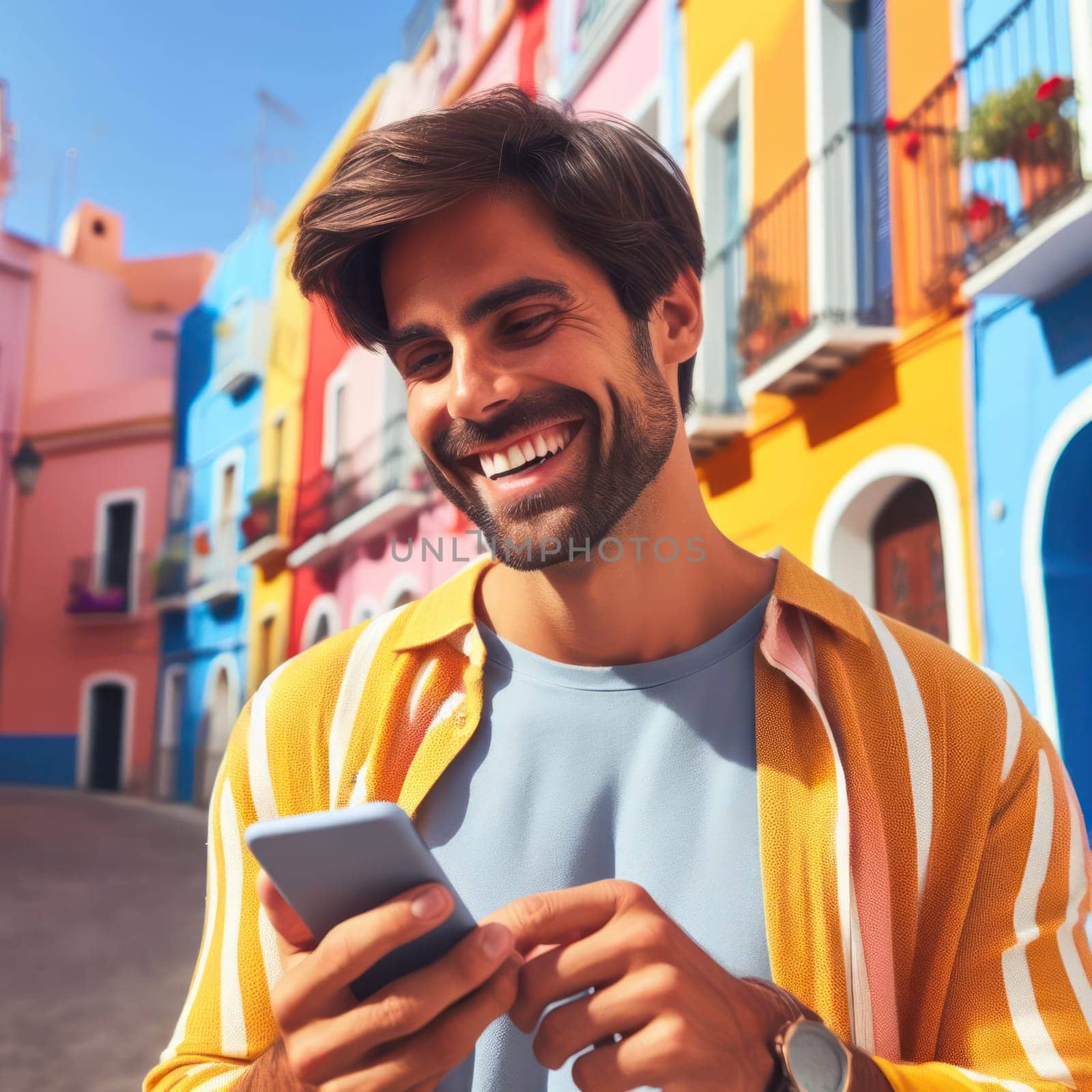 happy young attractive fashionable man wearing color using a phone in a color coordinated street generative ai