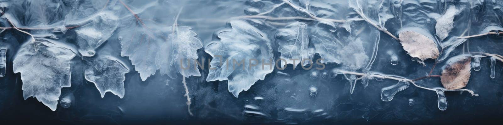 Winter background with frozen leaves. Generative AI banner design