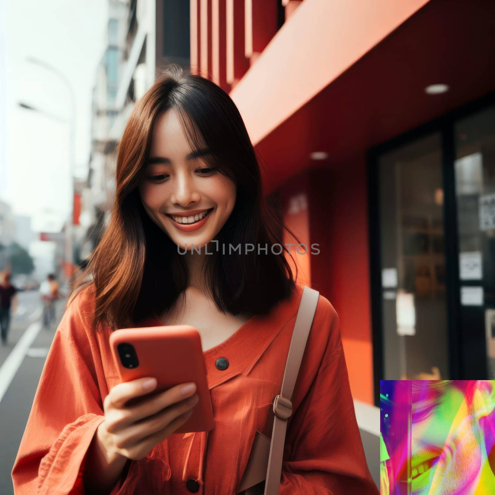 happy young attractive fashionable asian woman wearing  burnt coral colored clothes using a phone in a color coordinated street generative ai