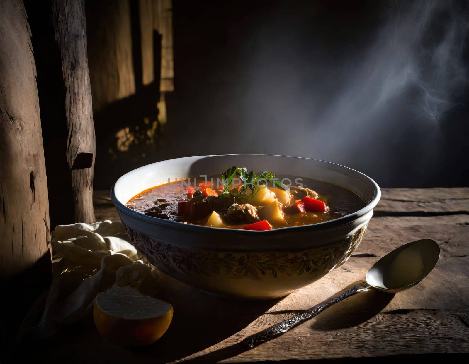 simple bowl of delicious soup or stew on an old wooden table in rustic setting generative ai
