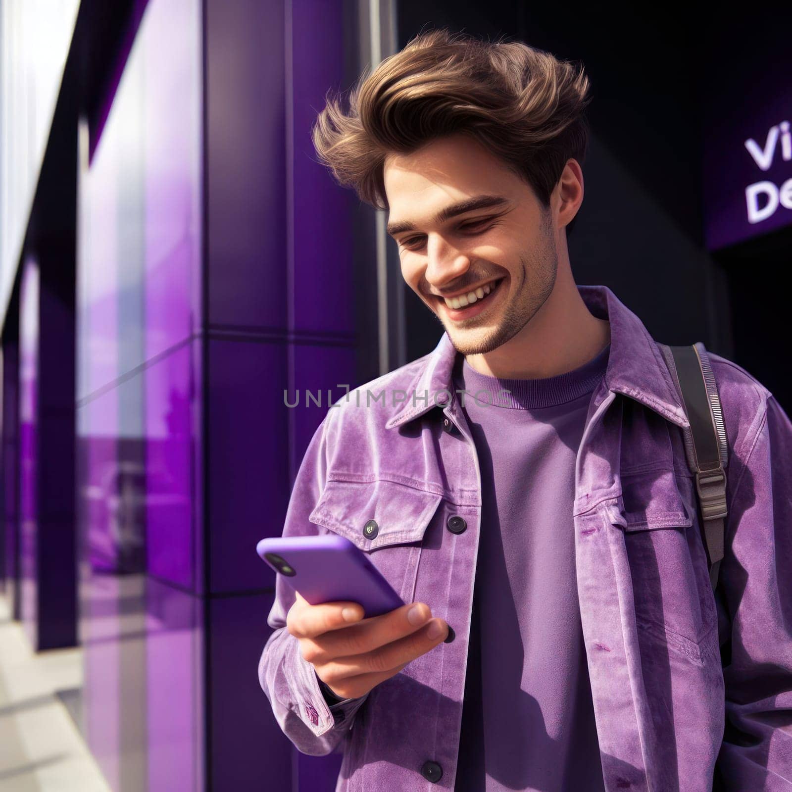 happy young attractive fashionable man wearing purple voilet haze clothes using a phone in a color coordinated street generative ai