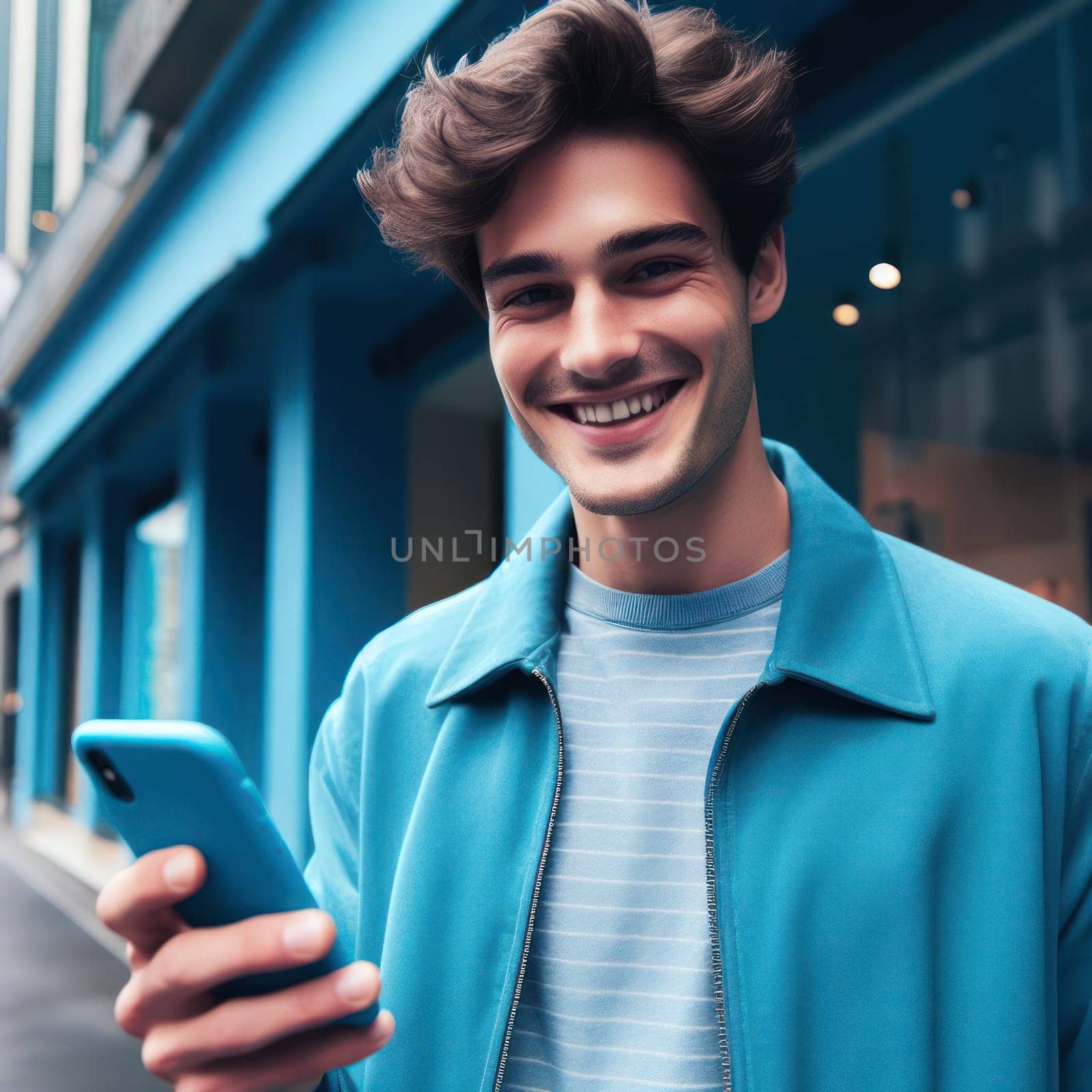 happy young attractive fashionable man wearing cerulean blue clothes using a phone in a color coordinated street generative ai