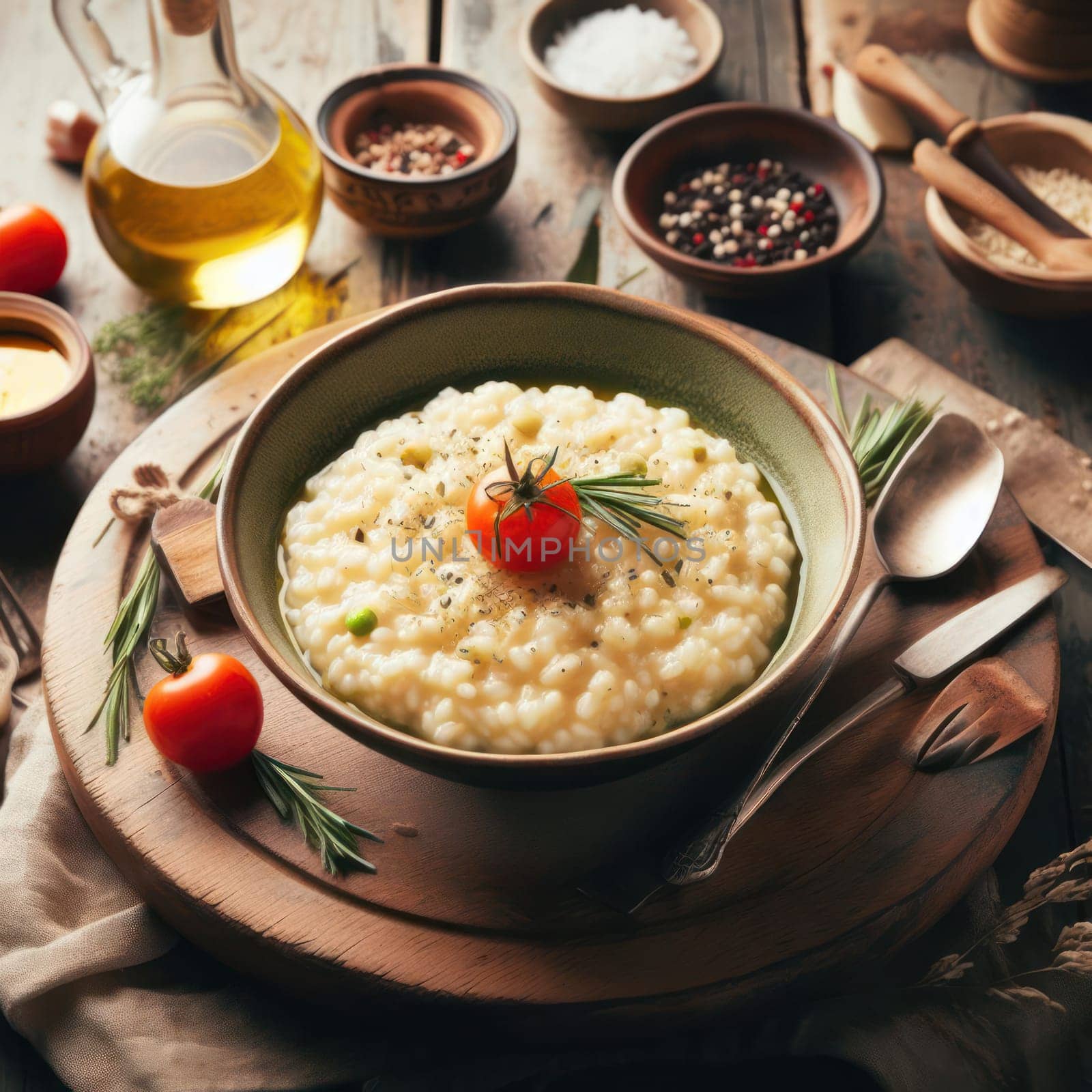 delicious traditional creamy italian risotto in a rustic setting generative ai