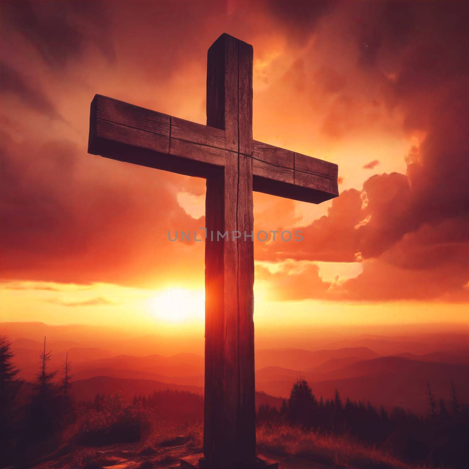 christian cross standing strong and proud before a beautiful sunset or sunrise landscape generative ai