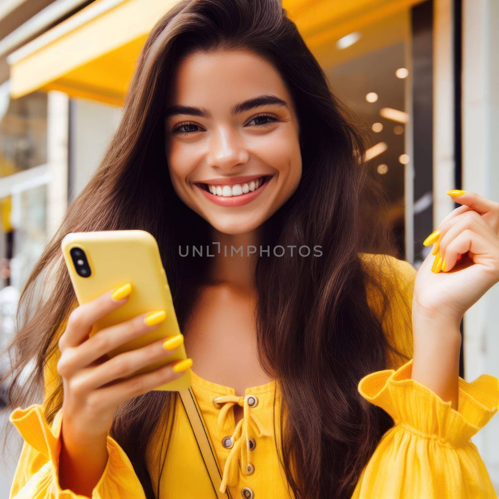 happy young attractive fashionable woman wearing canary yellow clothing using a phone in a color coordinated street generative ai