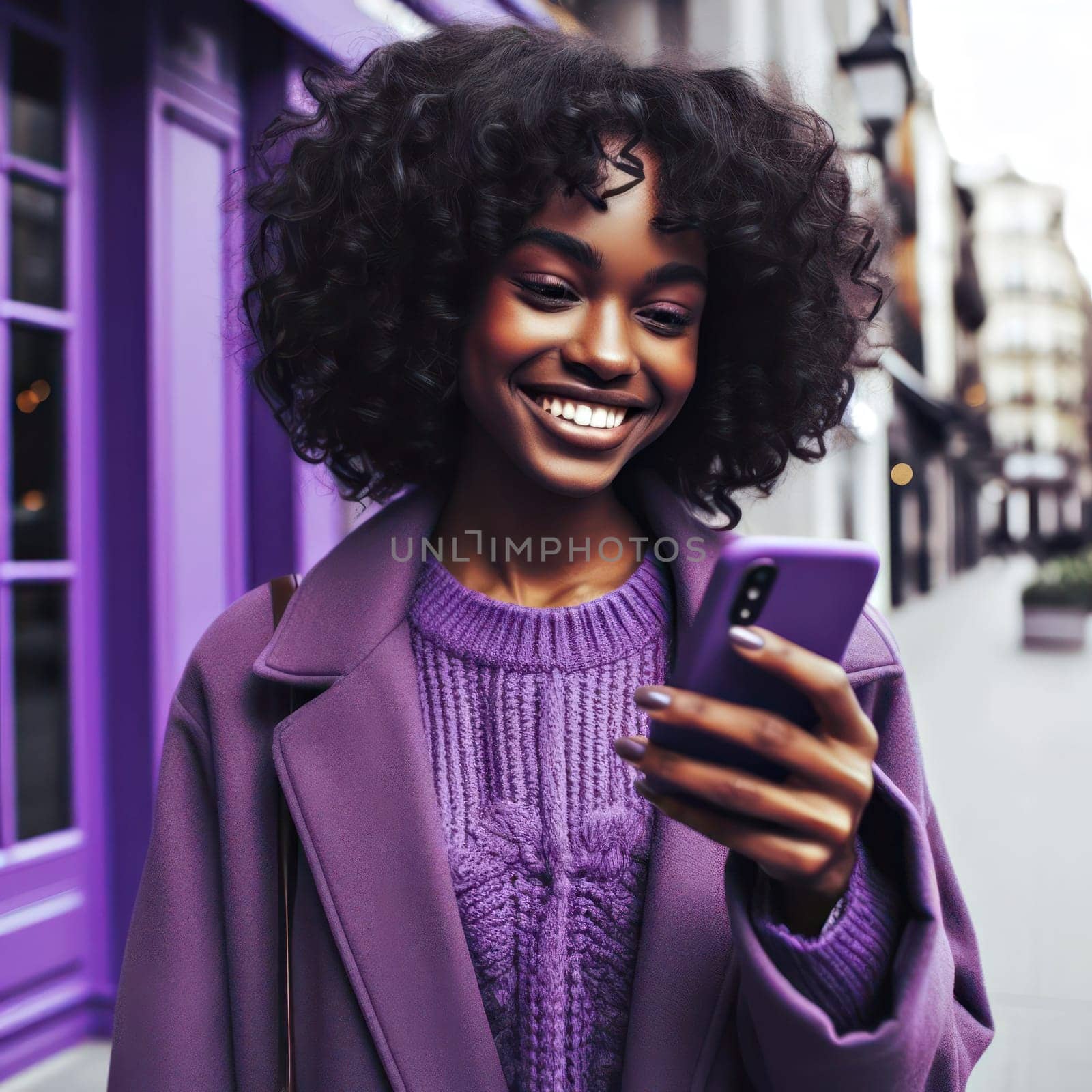 happy young attractive fashionable black woman wearing purple voilet haze clothes using a phone in a color coordinated street generative ai