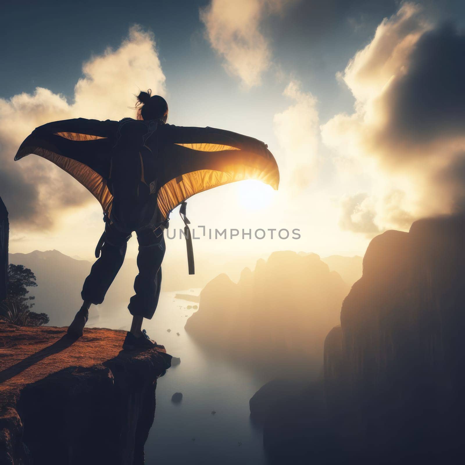 person about to make the big leap and base jump off a cliff with a wingsuit generative ai