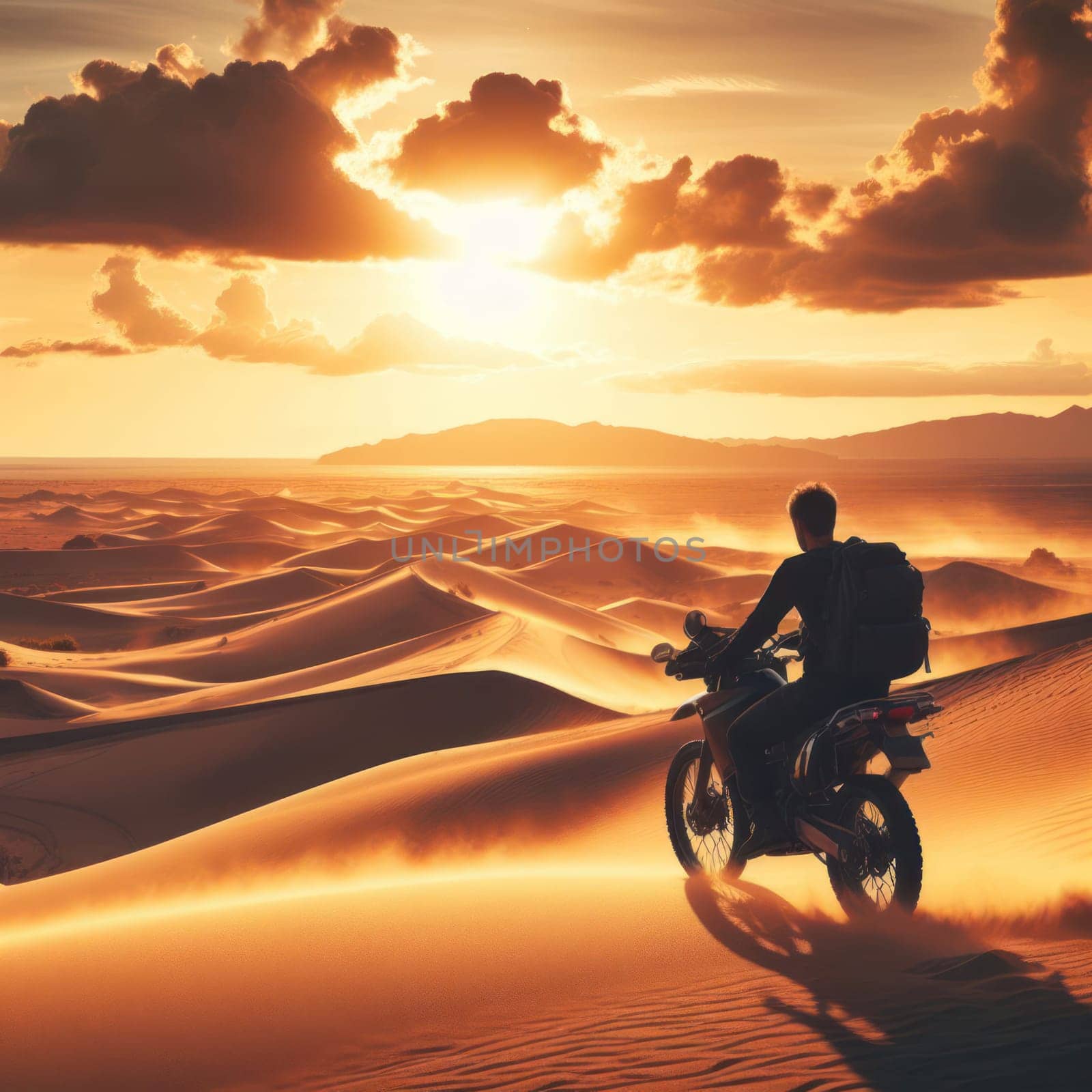 adventure travel ride a motorbike through a great sandy desert with rolling dunes generative ai