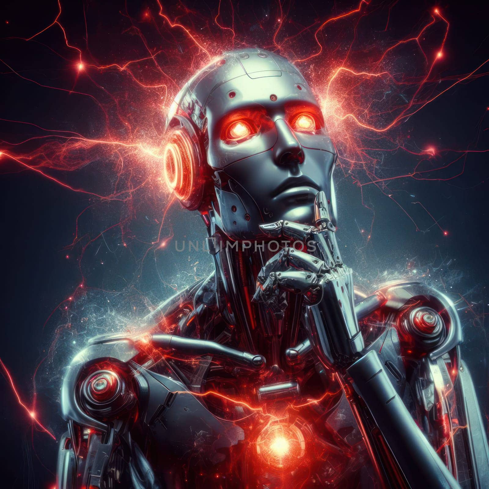evil AI humanoid robot thinking and plotting to take over the world generative ai