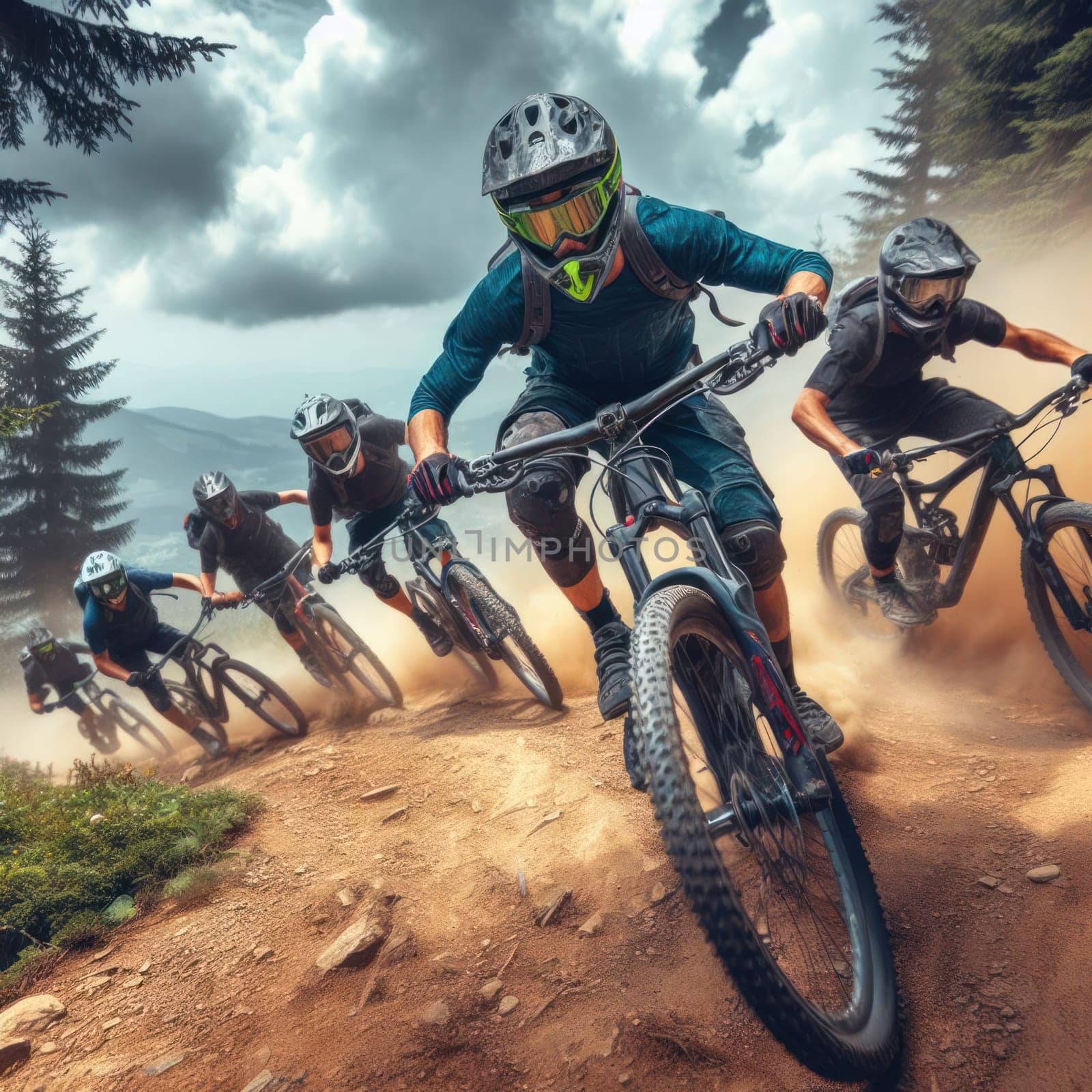 riders competing in rough downhill mountain bike racing generative ai