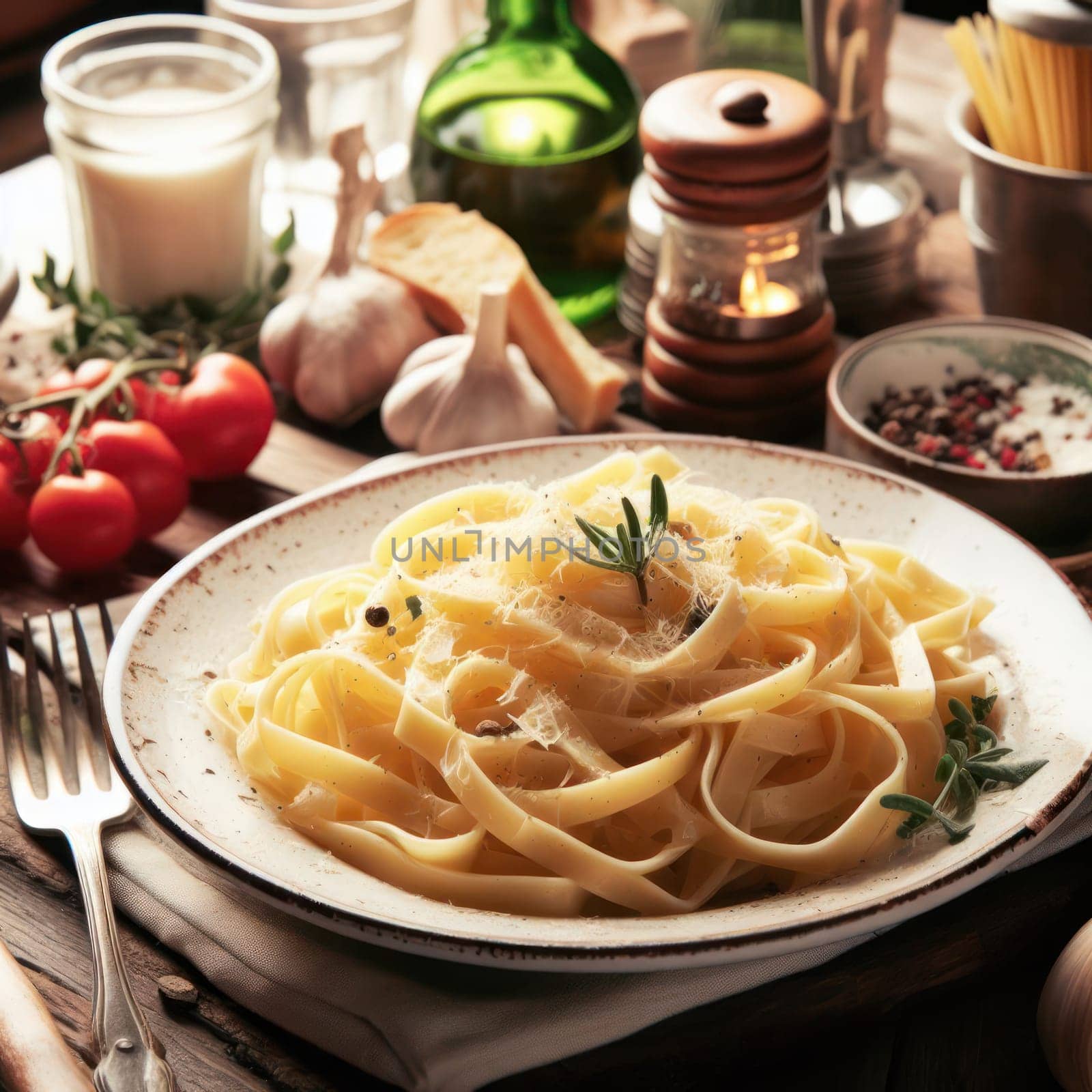 delicious italian fettucine alfredo on rustic table generative ai