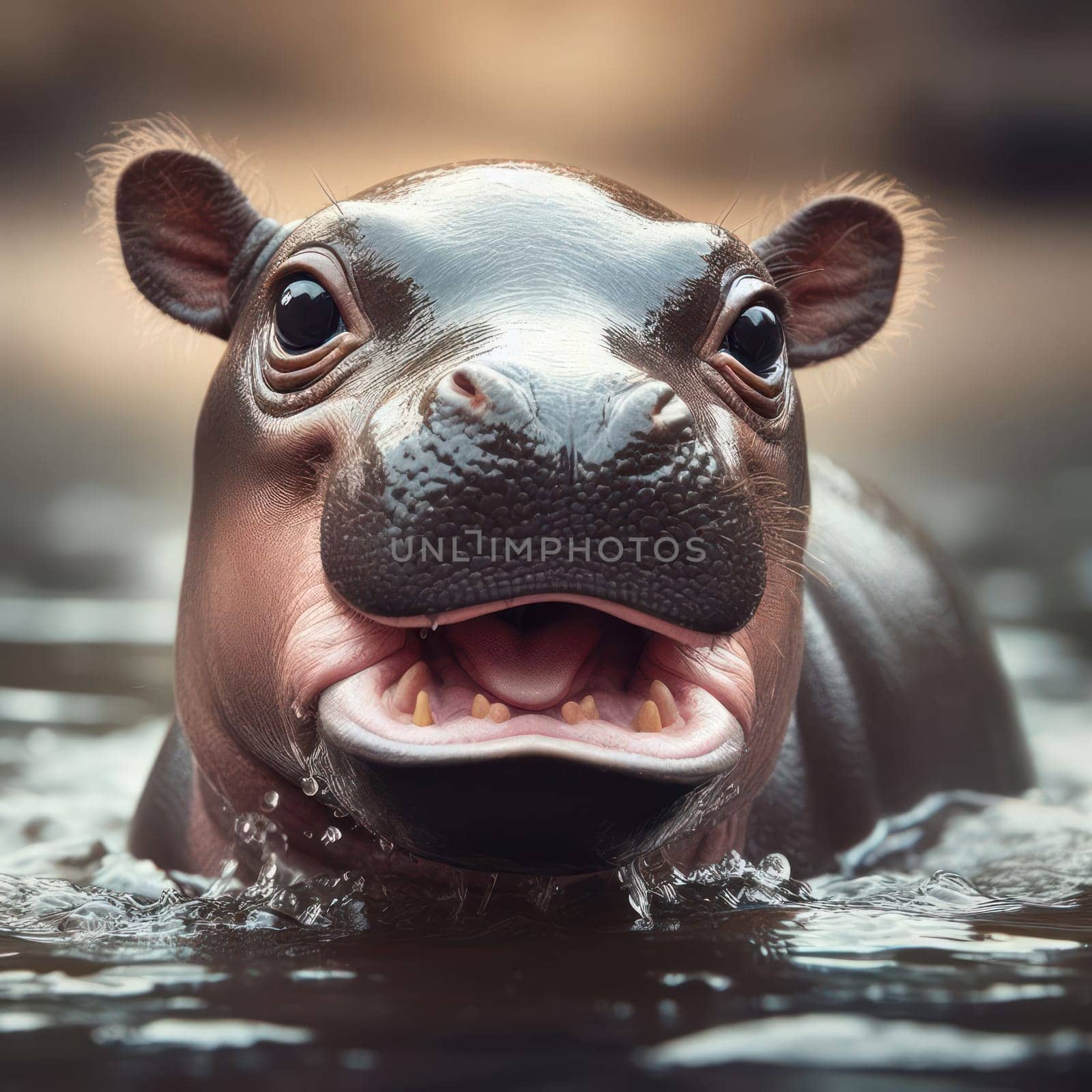 cute and gorgeous baby hippo with mouth open in the river generative ai