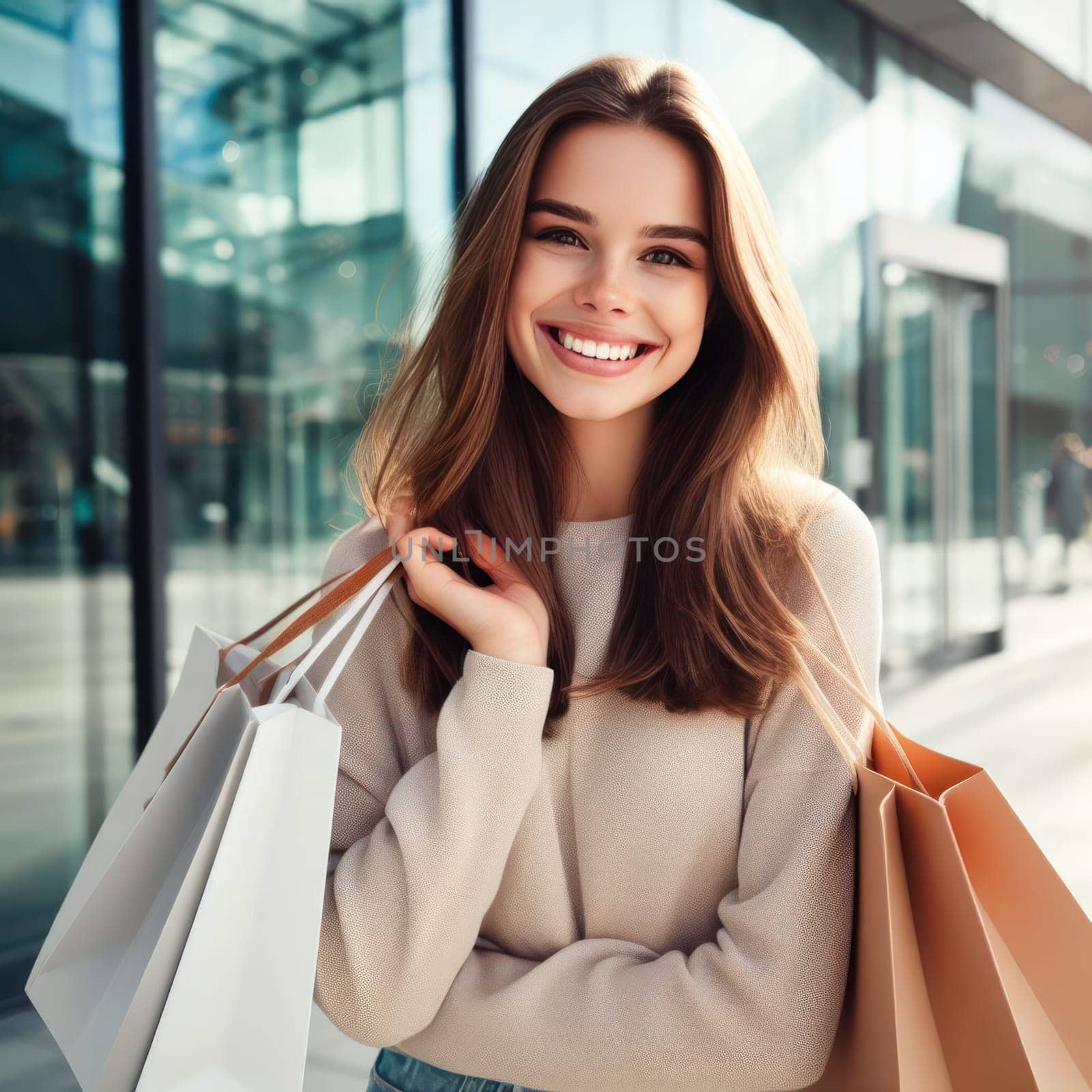 beautiful young woman shopping outside shops generative ai