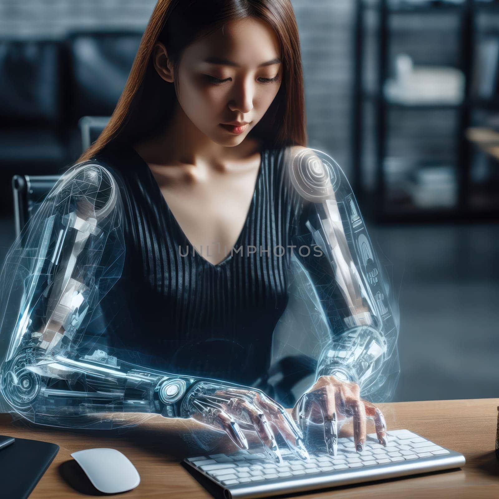 woman using an futuristic enhanced robotic cybernetics arm in the office generative ai