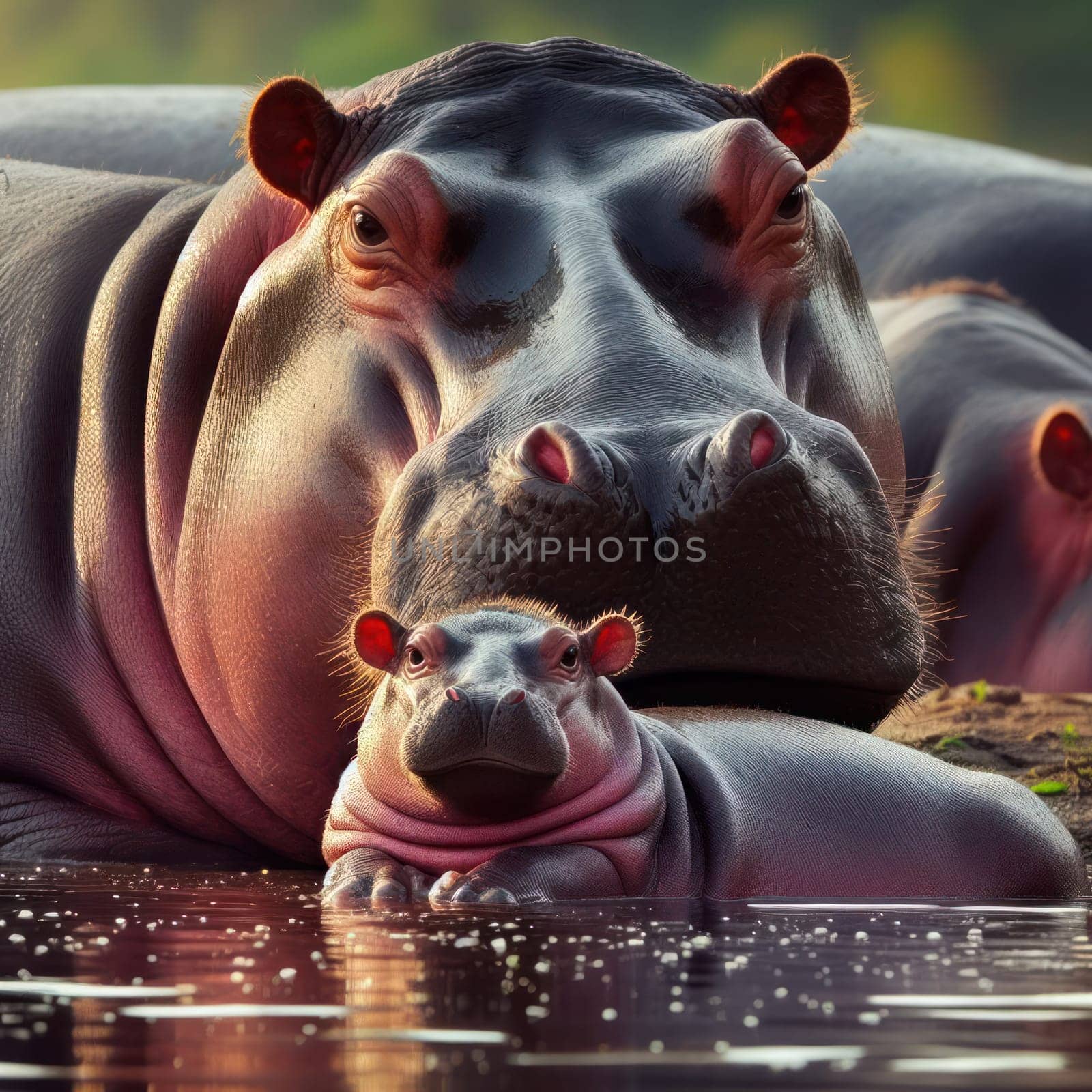 mother and baby hippopotamus laying and watching in the river generative ai