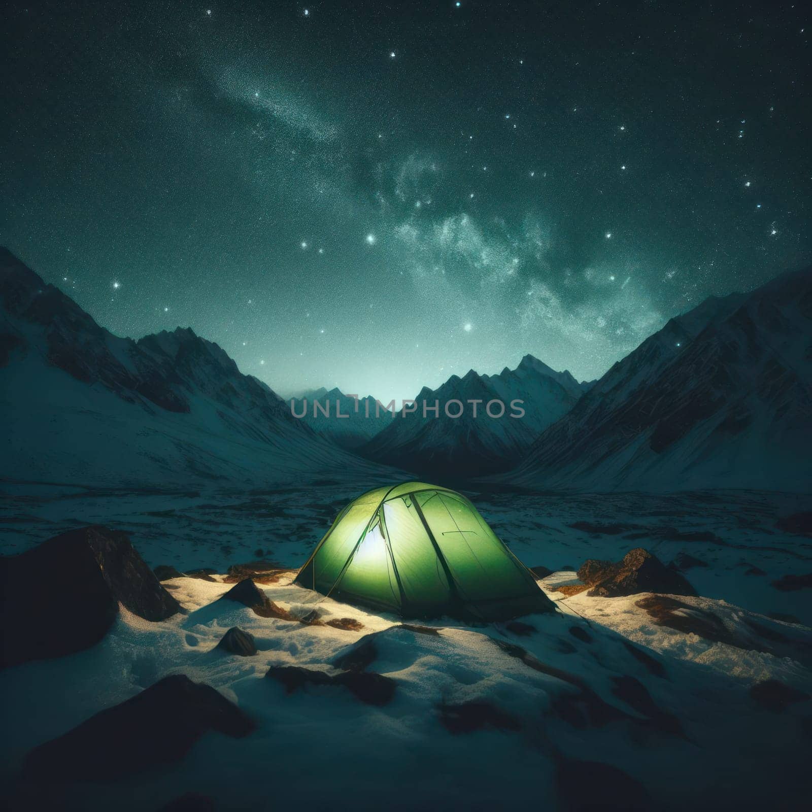 camping in a tent in a snowy landscape under a beautiful starry sky generative ai