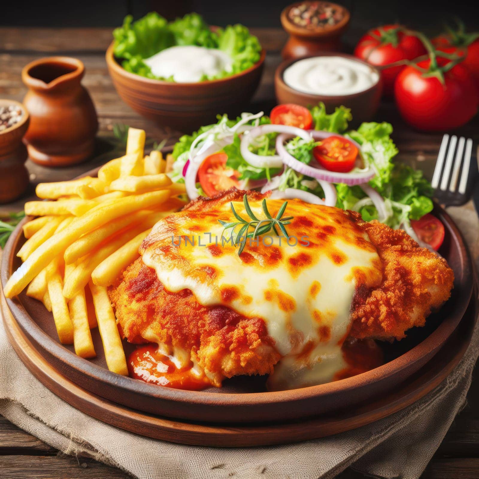 delicious chicken parmigiana schnitzel served with fries and salad generative ai
