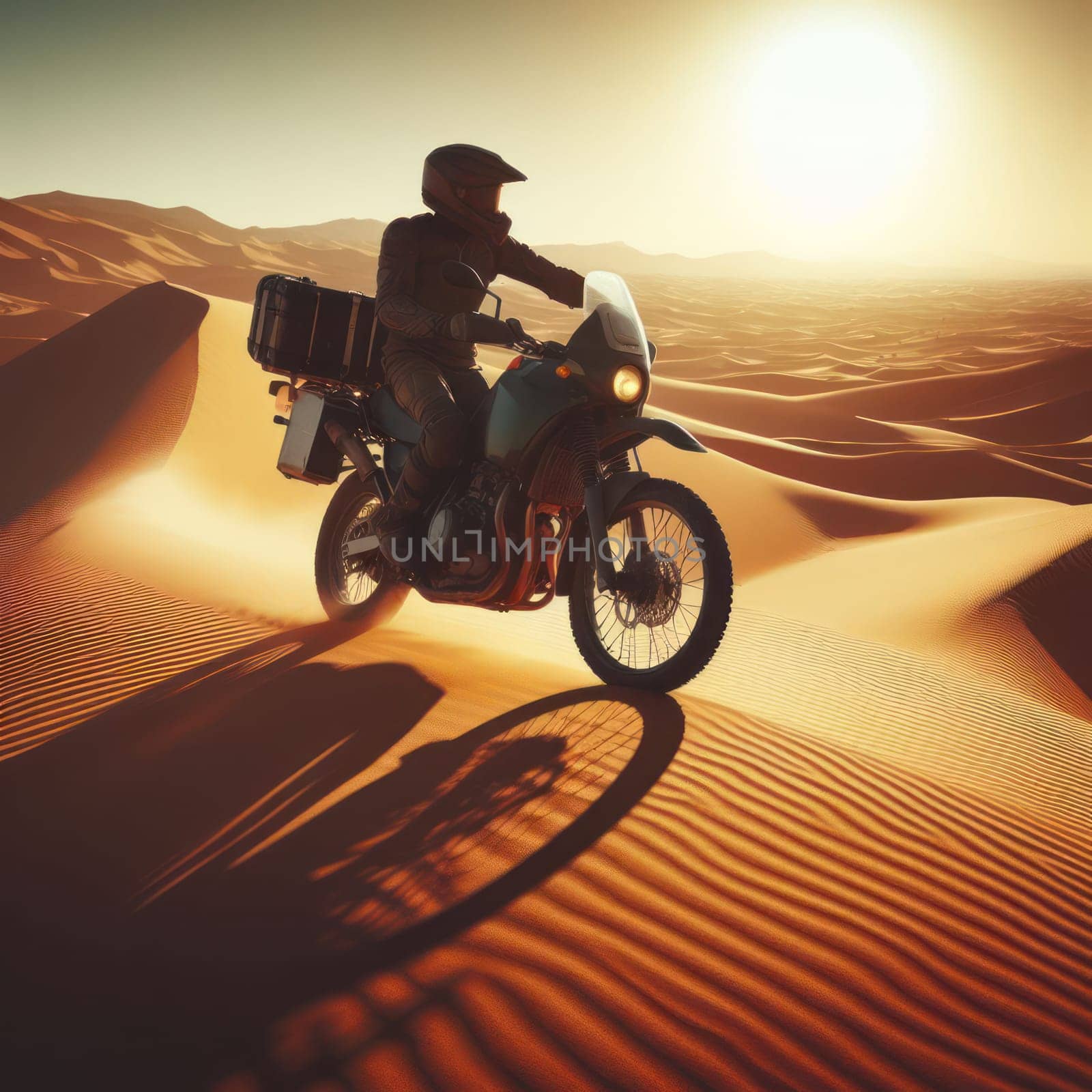adventure travel ride a motorbike through a great sandy desert with rolling dunes generative ai