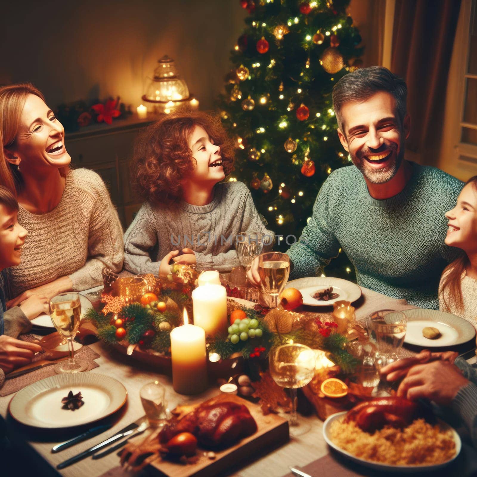 family enjoying christmas together in decorated home generative ai