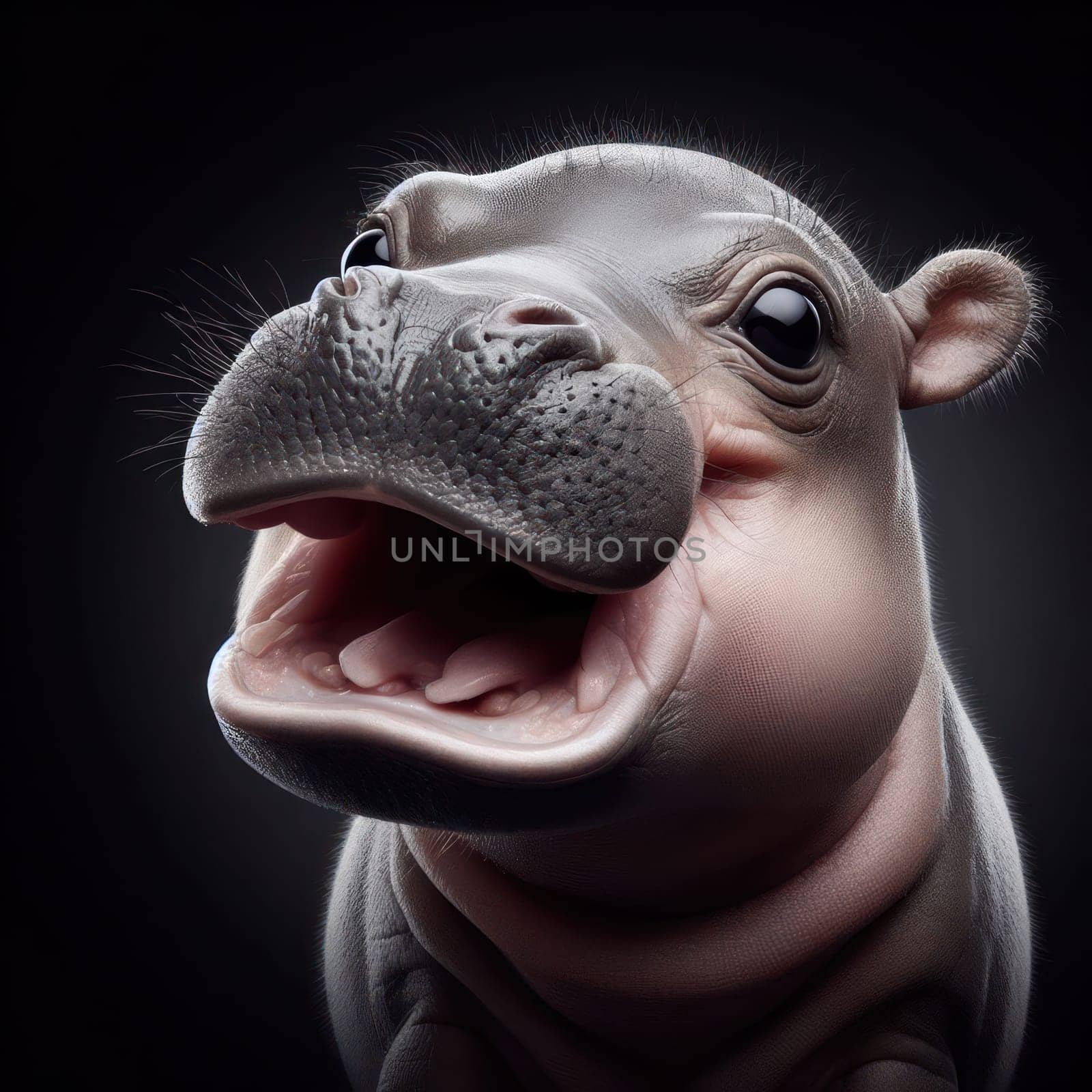 cute and adorable baby hippo with mouth open on black background generative ai