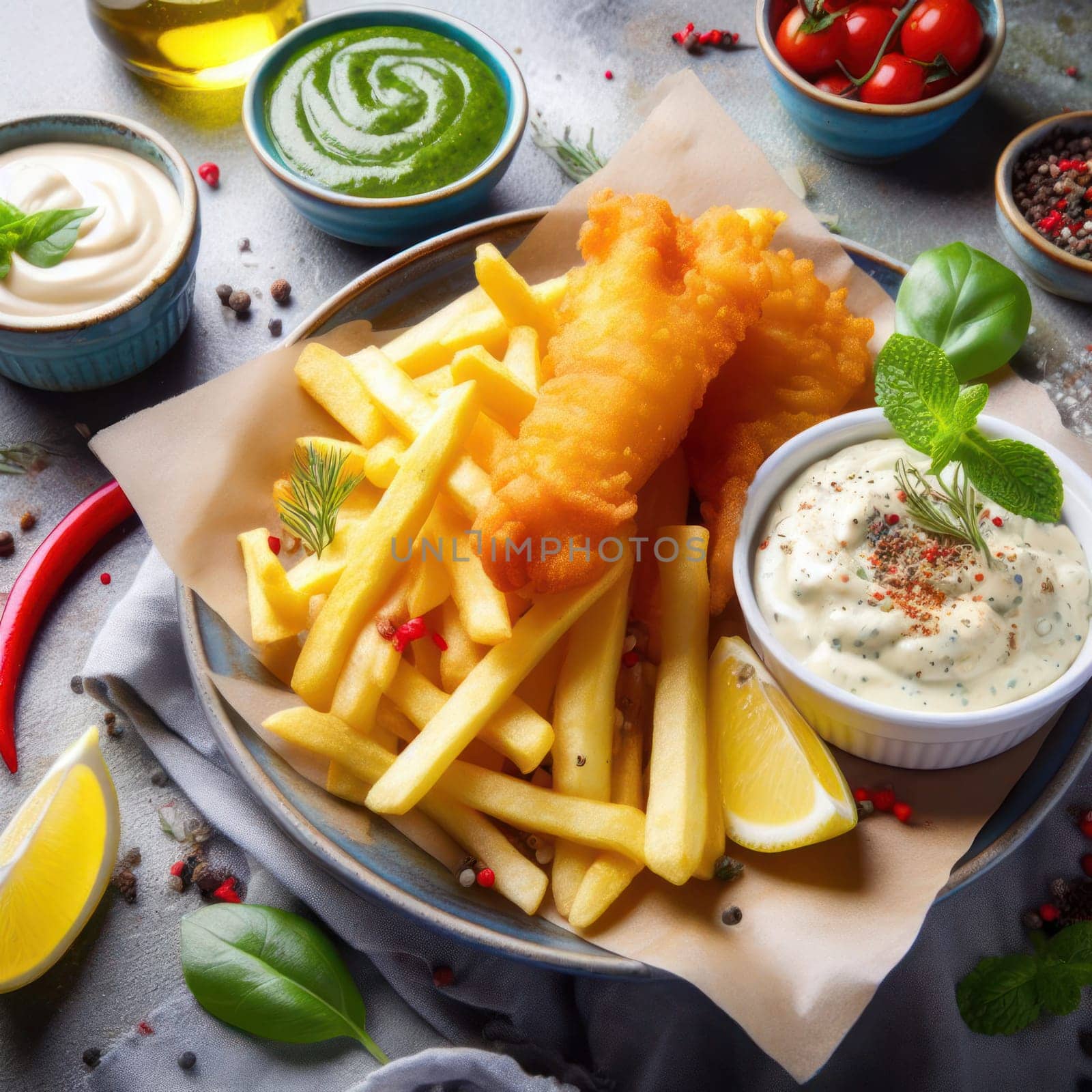 delicious british fried fish and chips with tartar sauce and lemon served on paper generative ai