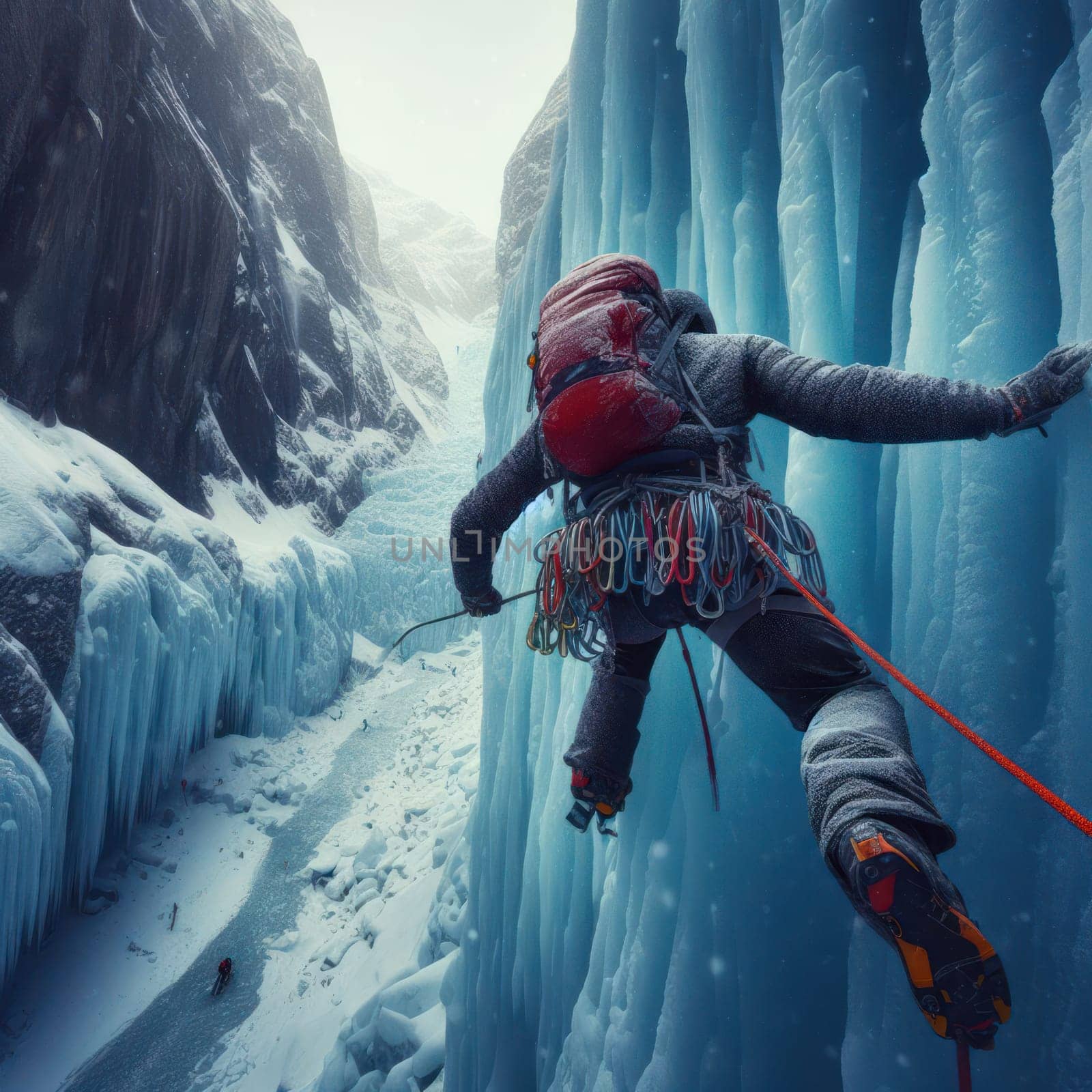 ice climber scaling an icy mountain to reach the peak and success generative ai
