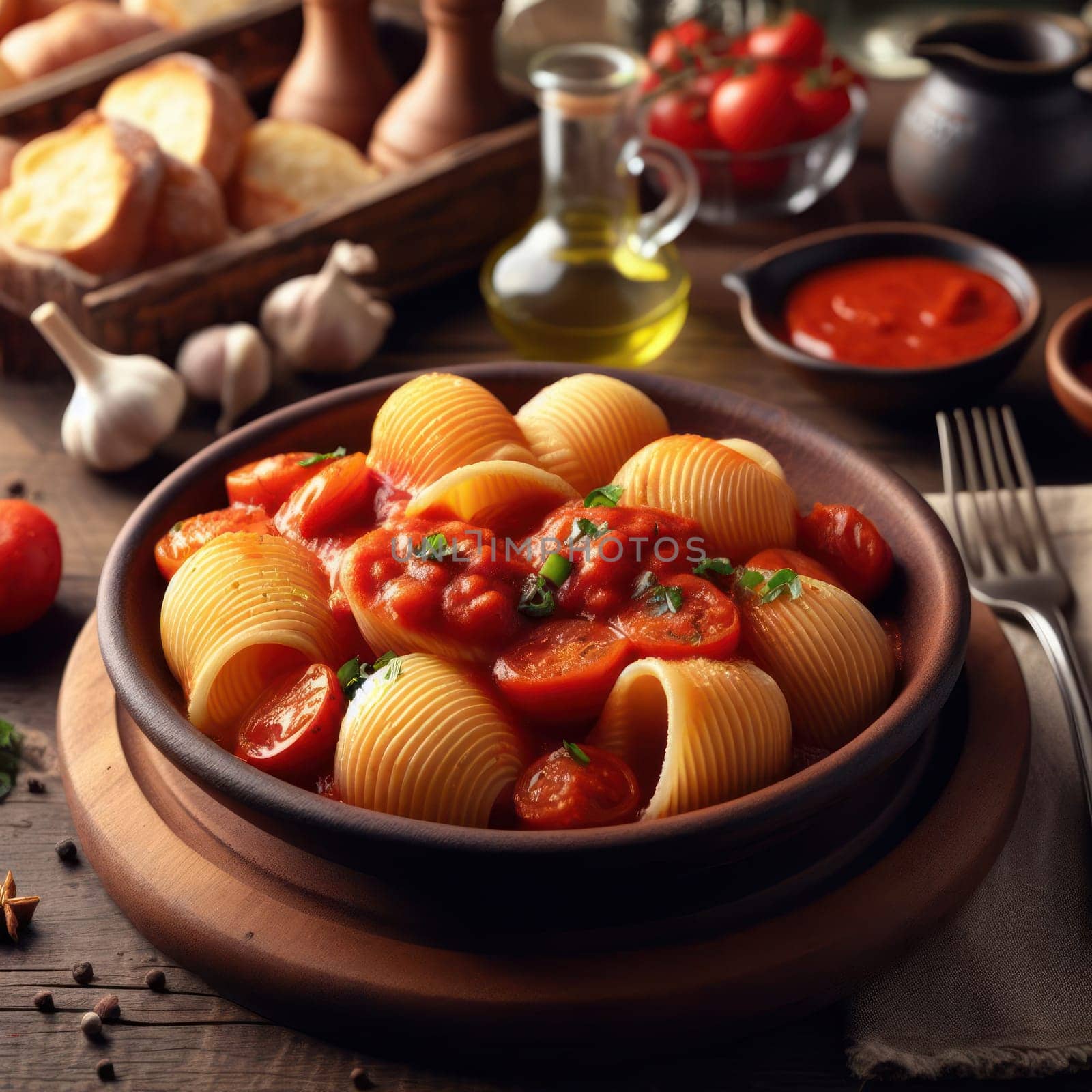 traditional italian conchiglie with tomato sauce on a rustic table generative ai
