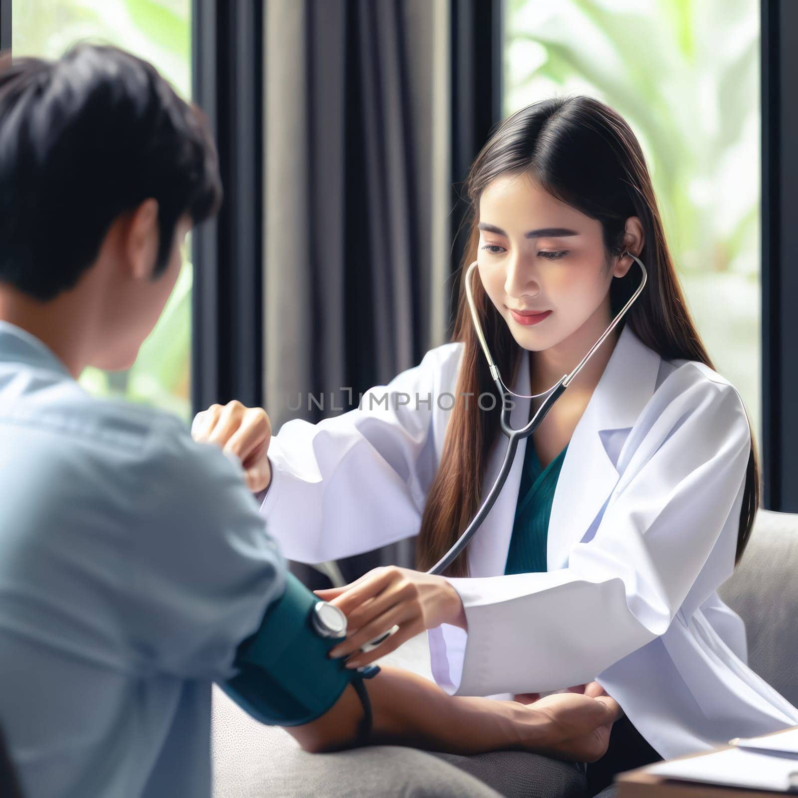 female asian doctor checking the patients blood pressure generative ai