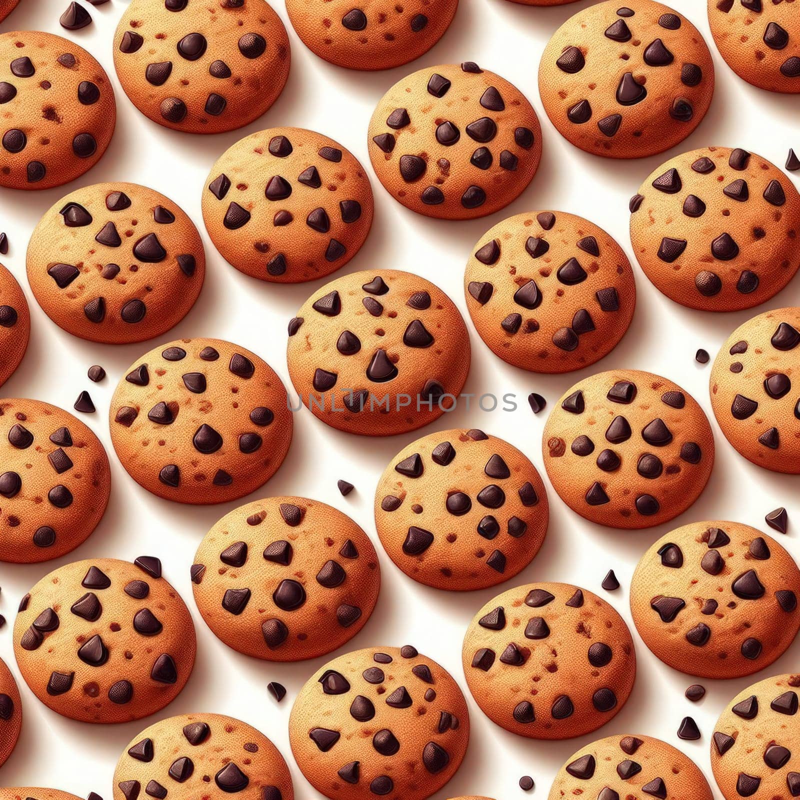 illustration of rows of chocolate chip cookies as a background generative ai